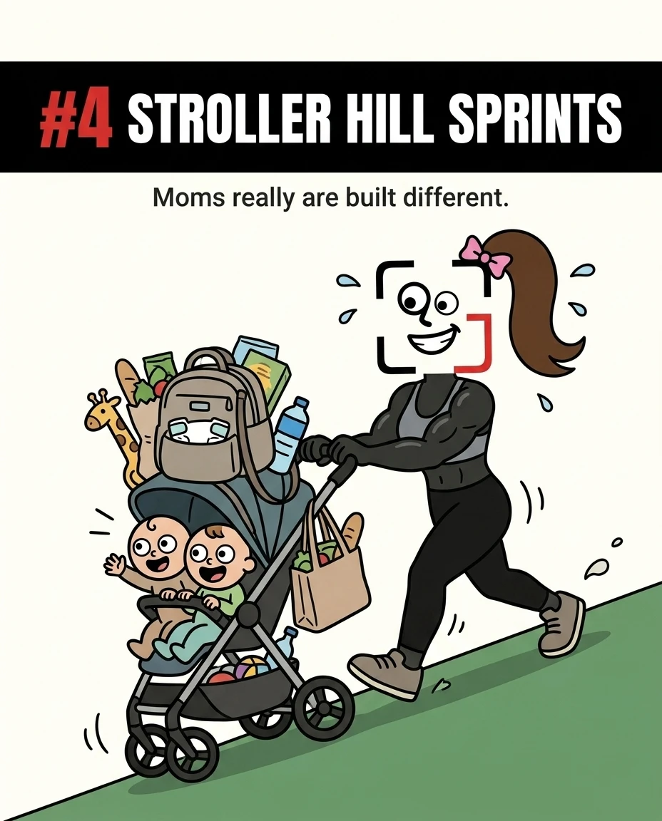 The muscular GainFrame mascot smiles while pushing a heavily loaded double stroller up a steep hill, showcasing cardiovascular endurance.