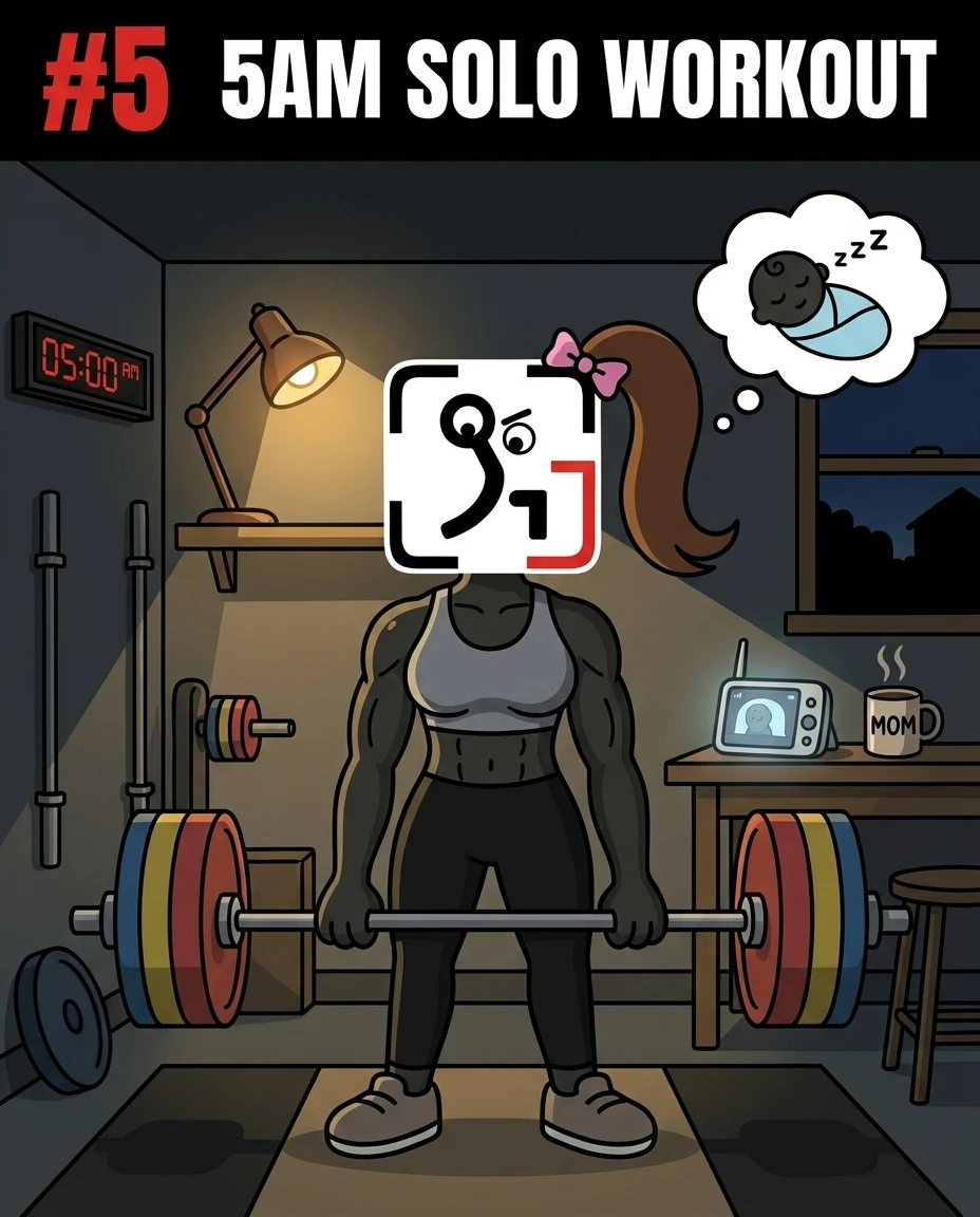 The muscular GainFrame mascot deadlifts a heavy barbell at 5:00 AM in her home gym while monitoring her sleeping baby, illustrating dedication and time management.