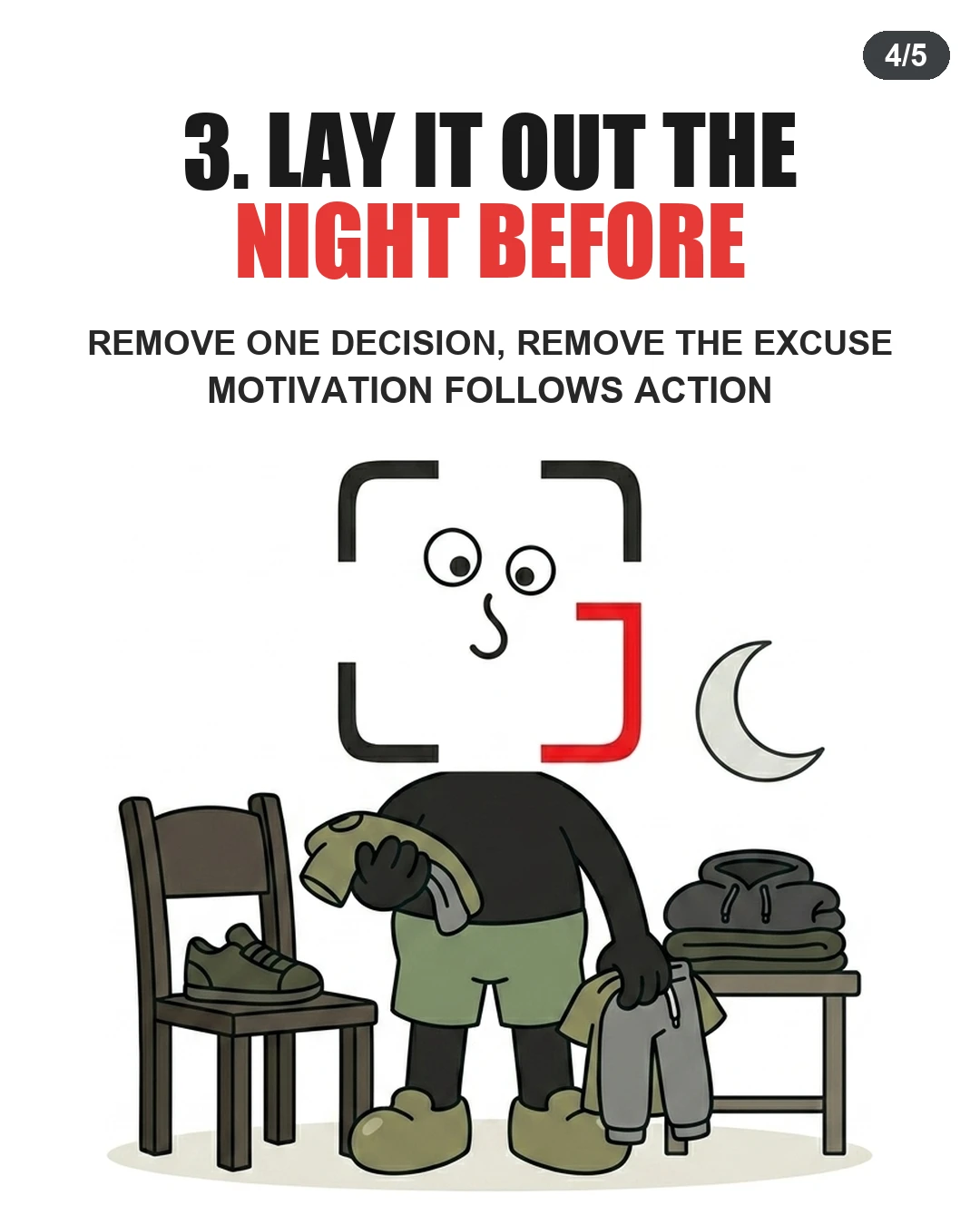 Under a crescent moon, the GainFrame mascot prepares workout clothes and shoes to eliminate morning excuses.