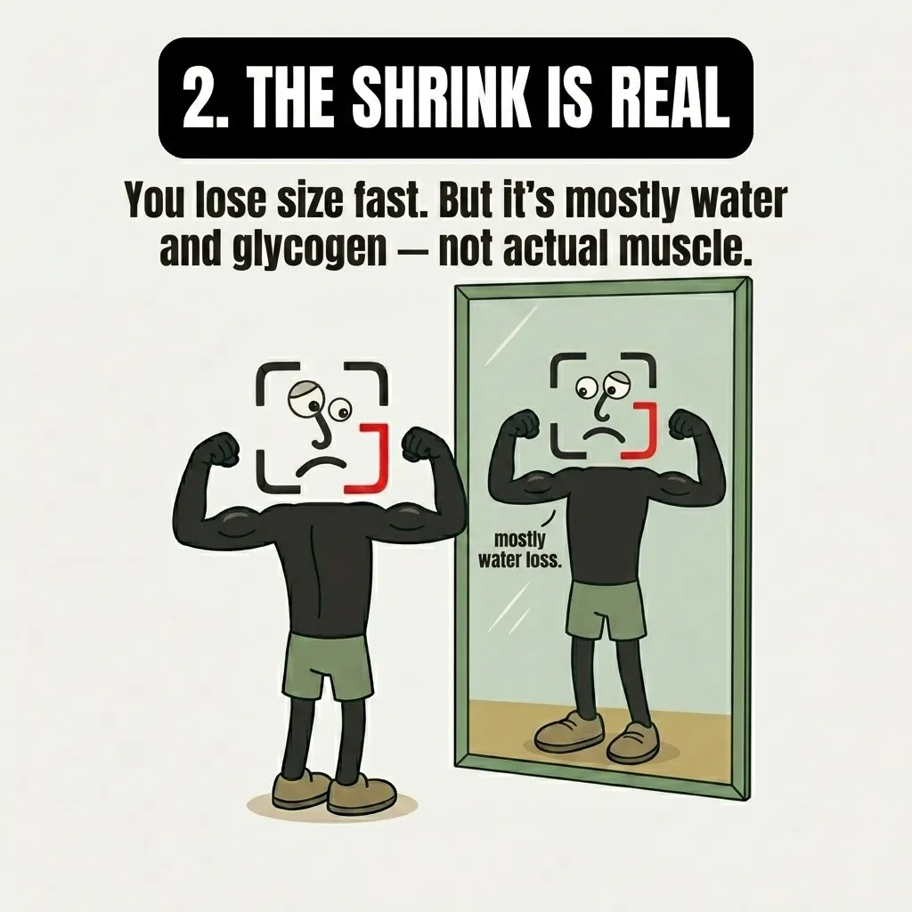 The GainFrame mascot flexes in front of a mirror and looks disappointed at his reflection, highlighting that initial size loss is mostly water and glycogen rather than actual muscle.