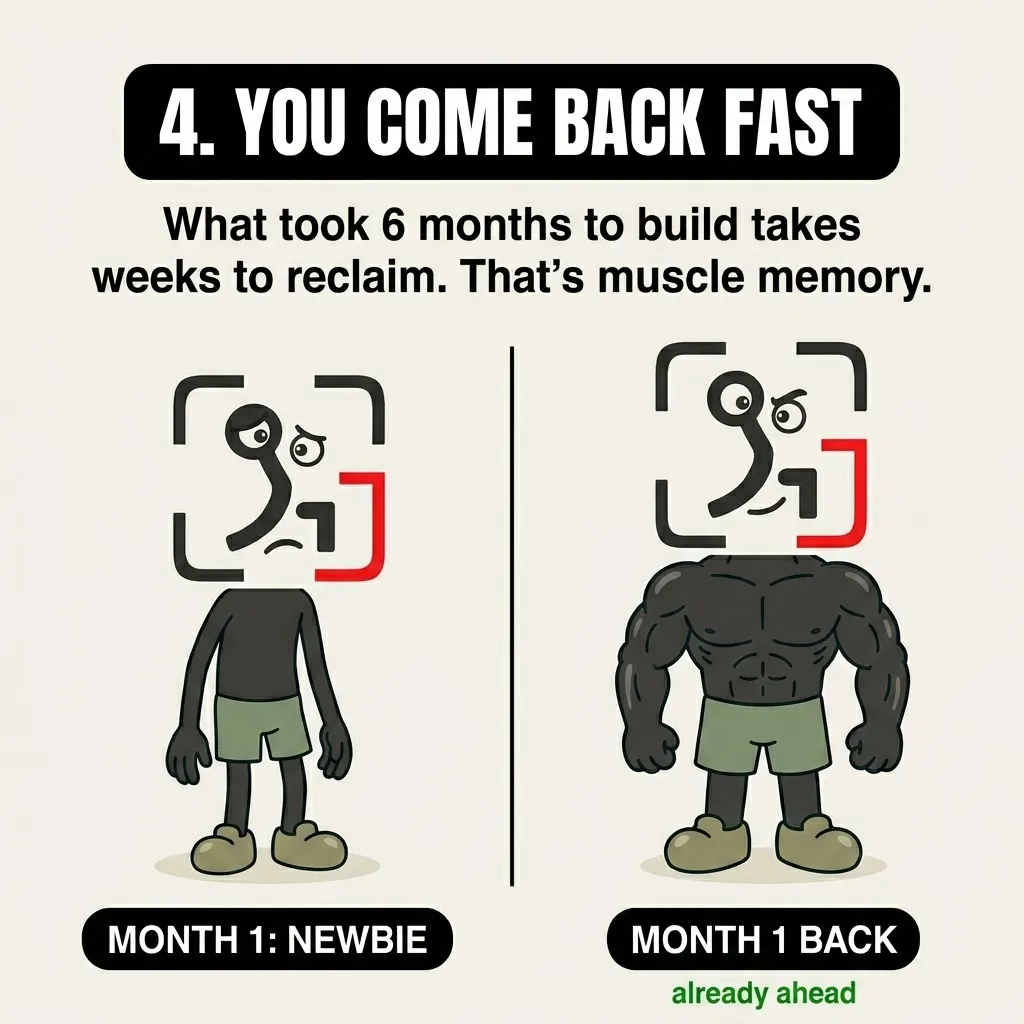 A side-by-side comparison shows the GainFrame mascot as a skinny beginner versus a muscular version after one month back, demonstrating how quickly muscle memory helps reclaim past gains.