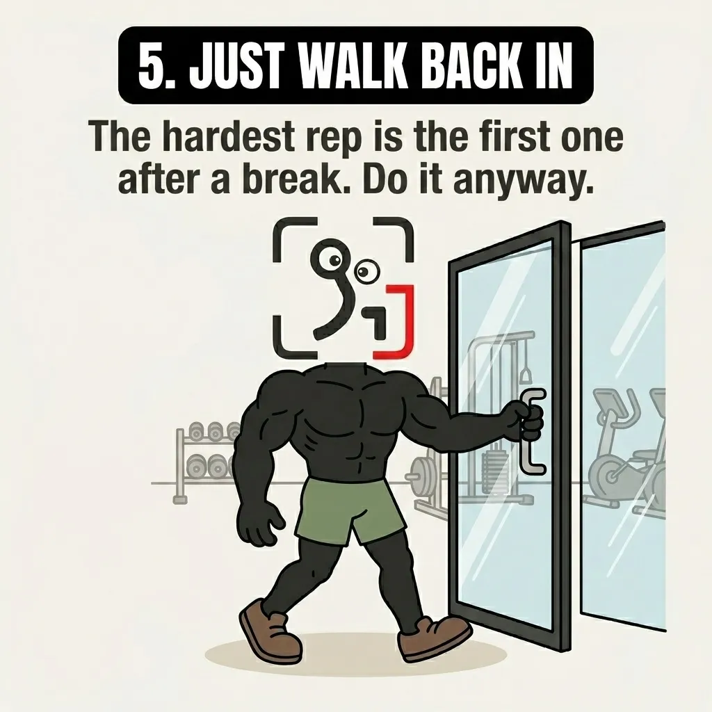 A muscular GainFrame mascot confidently opens the door to a gym, emphasizing that taking the first step back is the hardest but most crucial part.