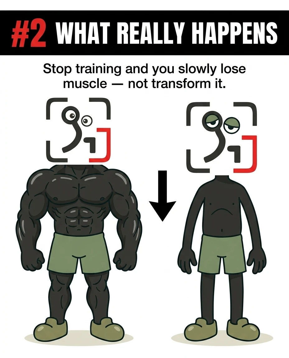An arrow points from a muscular GainFrame mascot to a much thinner, less muscular version of the mascot, showing that stopping training leads to muscle loss rather than transformation.