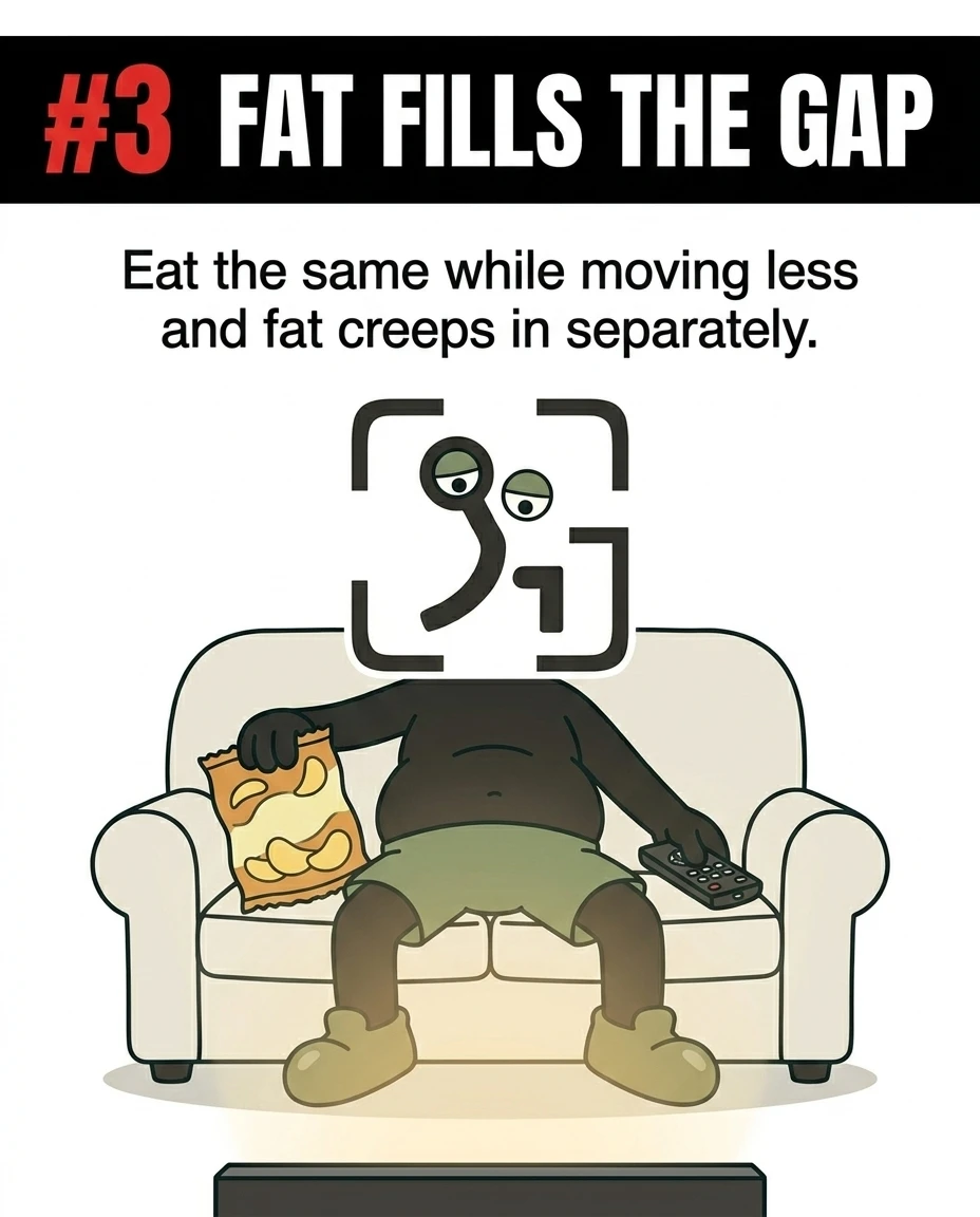 The GainFrame mascot sits lazily on a couch eating potato chips and holding a TV remote, illustrating how fat accumulates separately when physical activity decreases but calorie intake remains high.