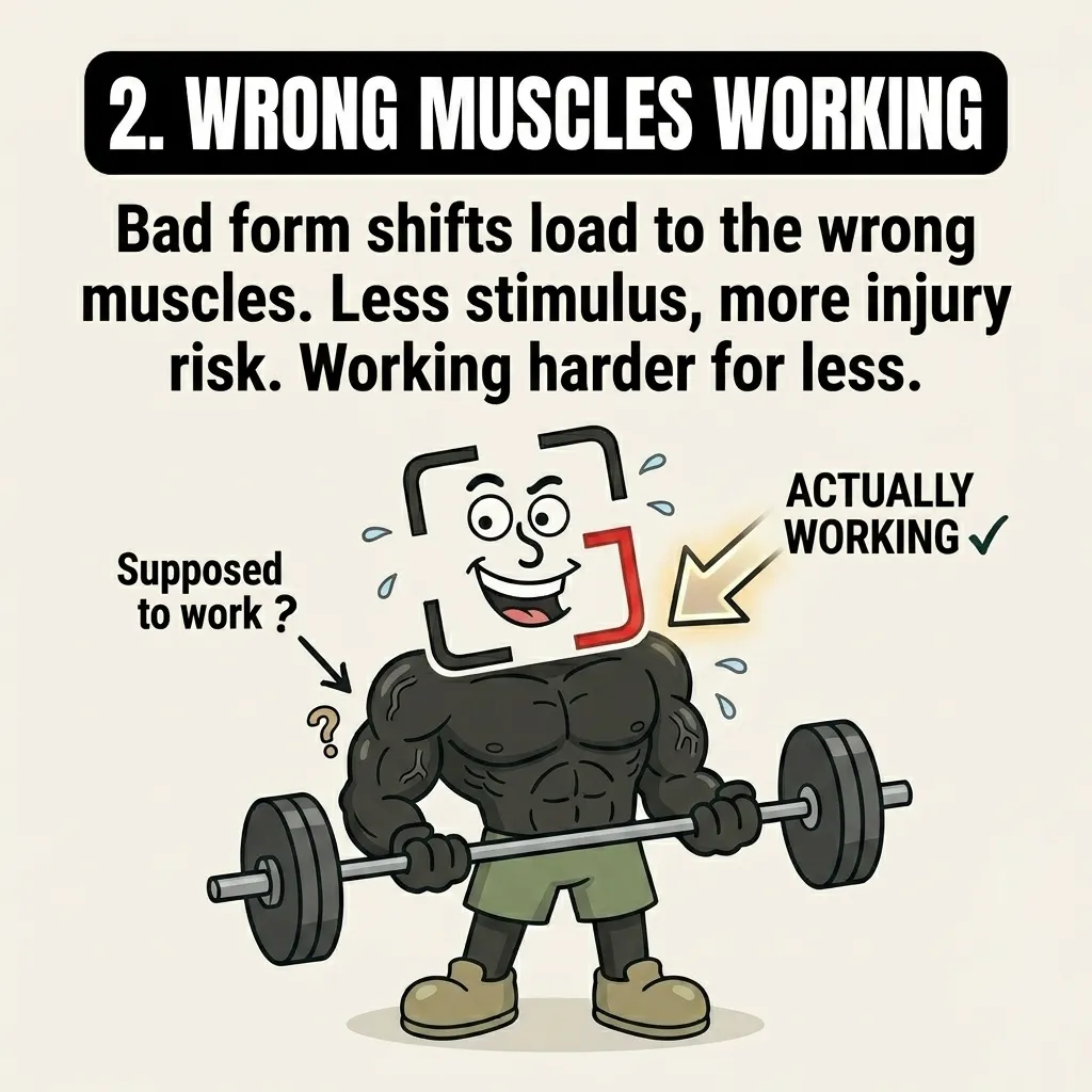 The GainFrame mascot performs a barbell curl with poor form, showing how the load shifts to the wrong muscles, which increases injury risk and reduces effectiveness.