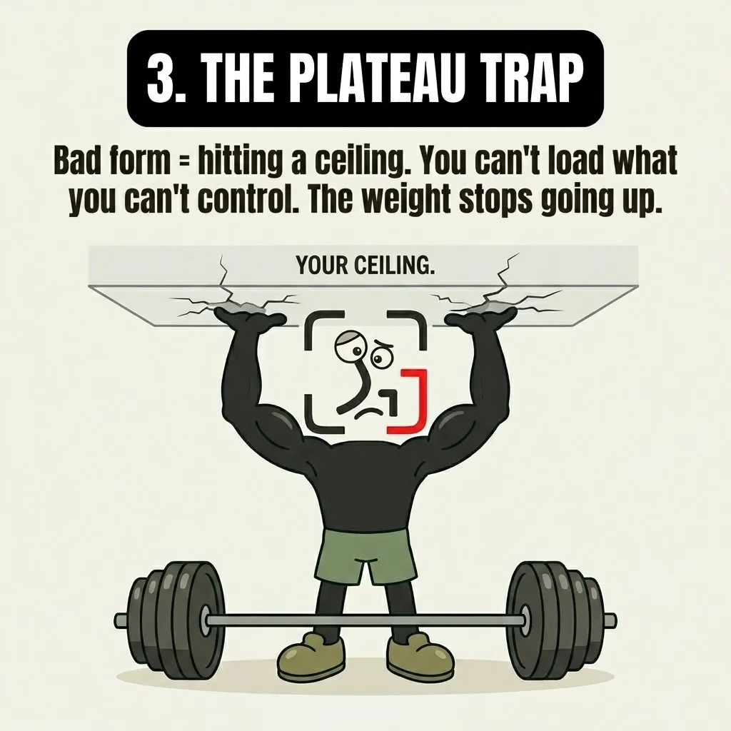 The GainFrame mascot is blocked from lifting a barbell overhead by a cracked concrete ceiling labeled "Your Ceiling," demonstrating how bad form leads to a strength plateau.