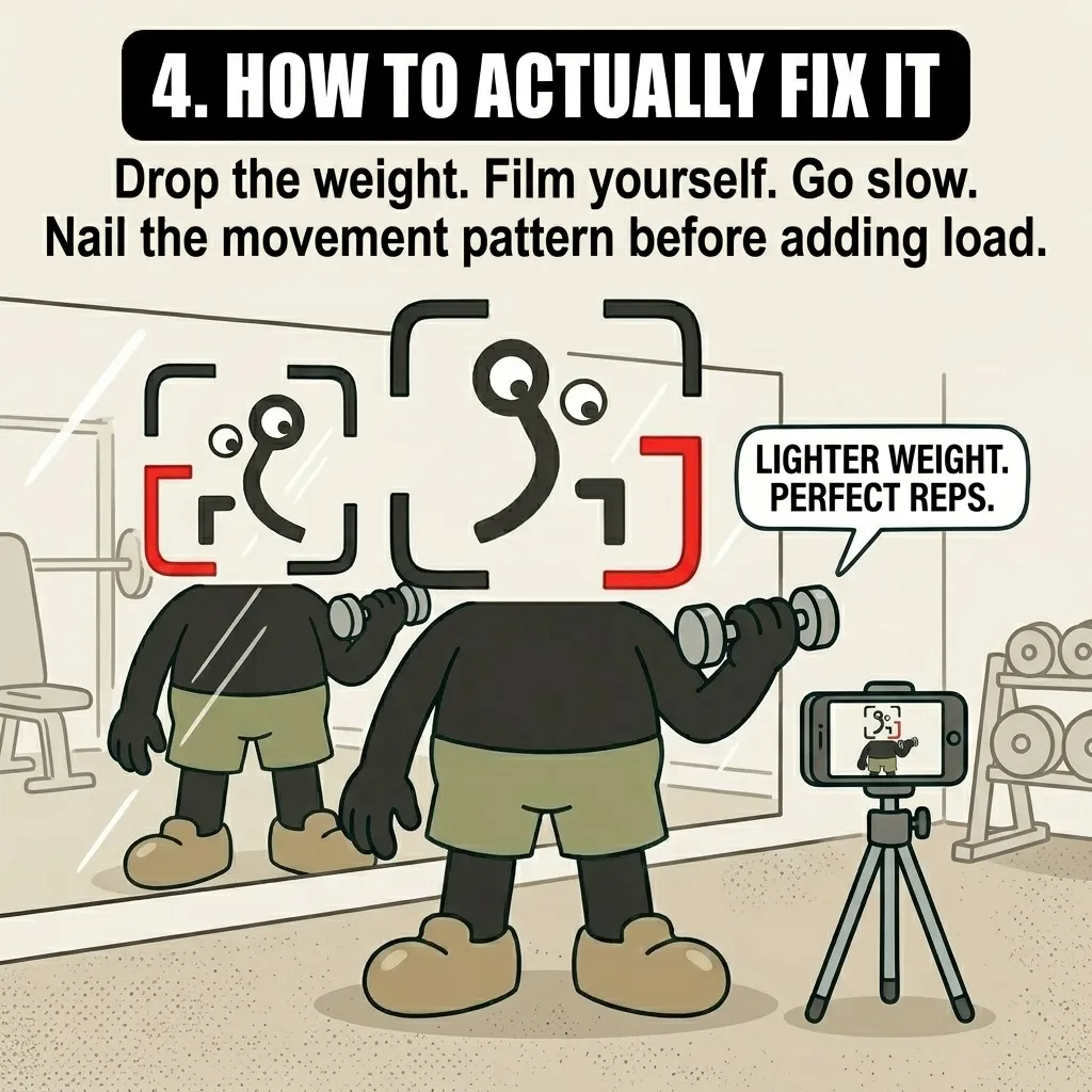 The GainFrame mascot uses a light dumbbell to practice perfect reps in front of a mirror while recording himself on a phone tripod to correct his form.