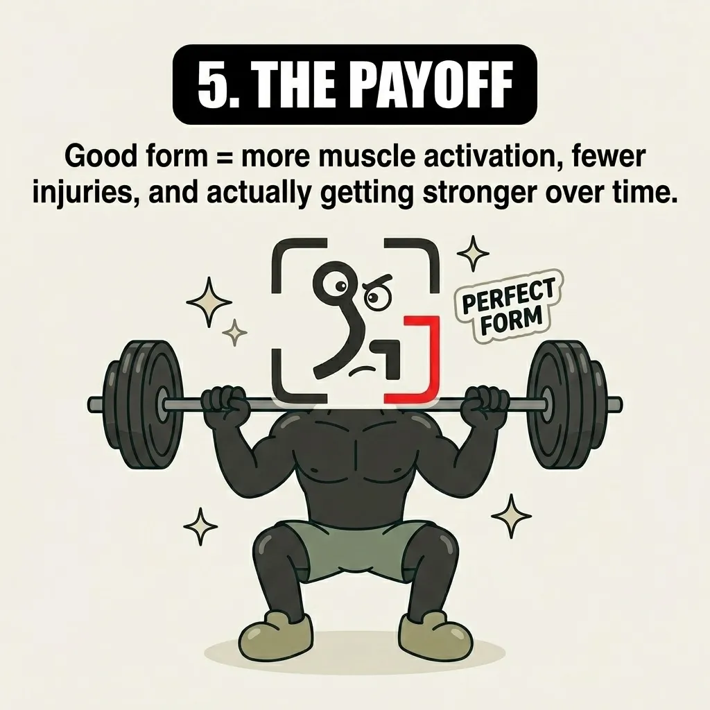 The GainFrame mascot performs a deep, stable squat with perfect form, illustrating how proper technique leads to better muscle activation and long-term strength gains.