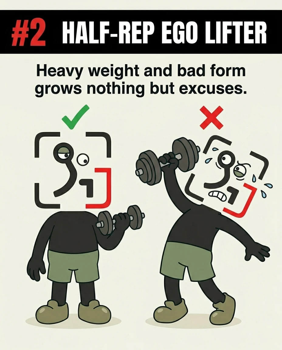 The GainFrame mascot is shown twice, contrasting proper lifting form with a green checkmark against struggling with too much weight with a red X.