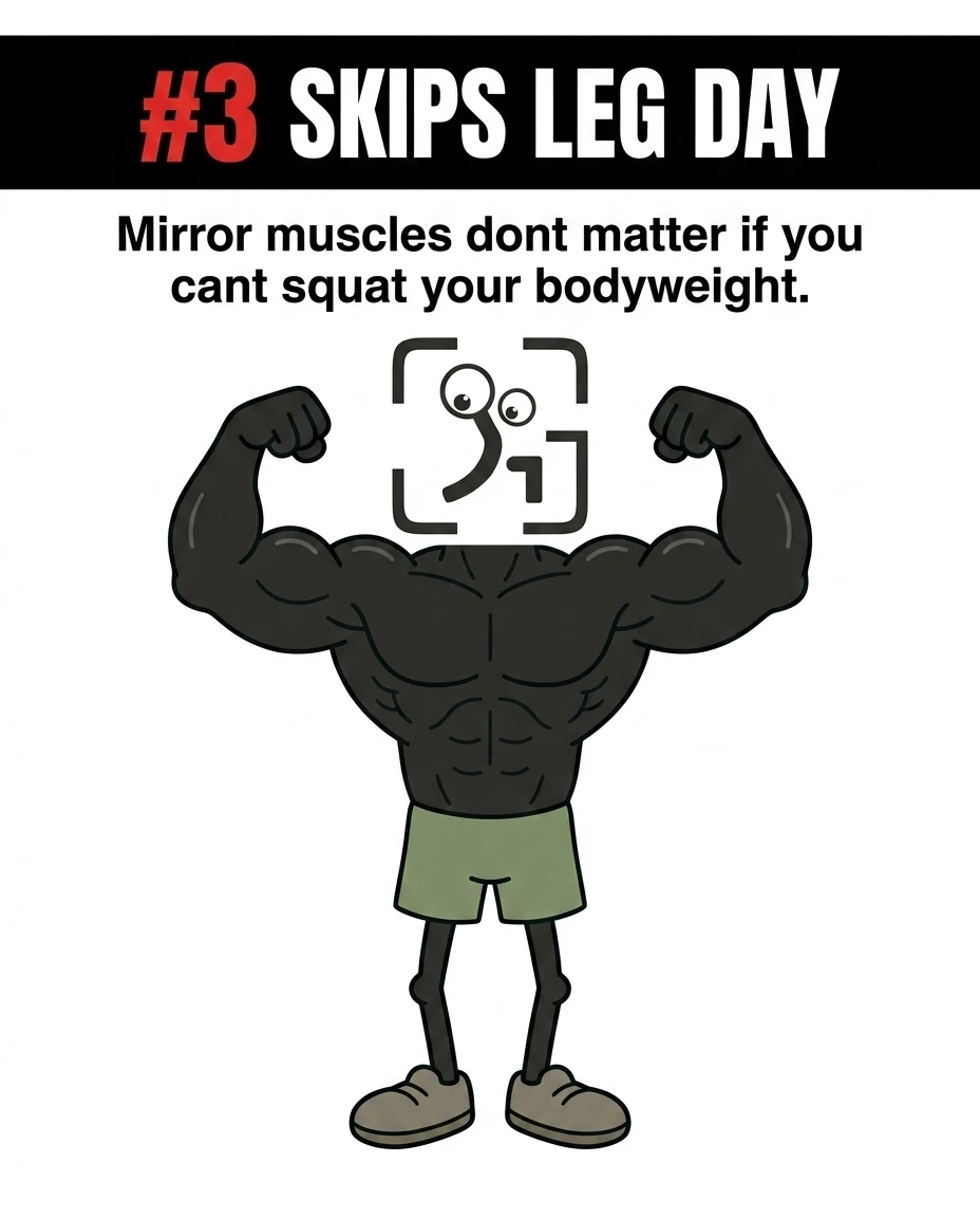 The GainFrame mascot is depicted with a highly muscular upper body but extremely thin legs, highlighting the mistake of skipping leg workouts.