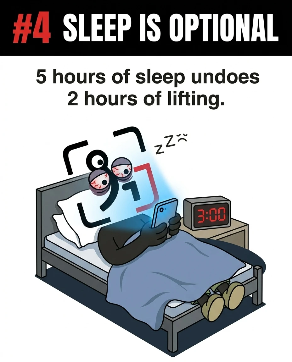 The GainFrame mascot lies awake in bed at 3:00 AM staring at a glowing smartphone with bloodshot eyes, showing how poor sleep ruins muscle gains.