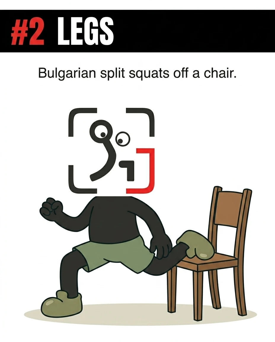The GainFrame mascot performs a Bulgarian split squat using a standard household chair to demonstrate an effective leg workout at home.