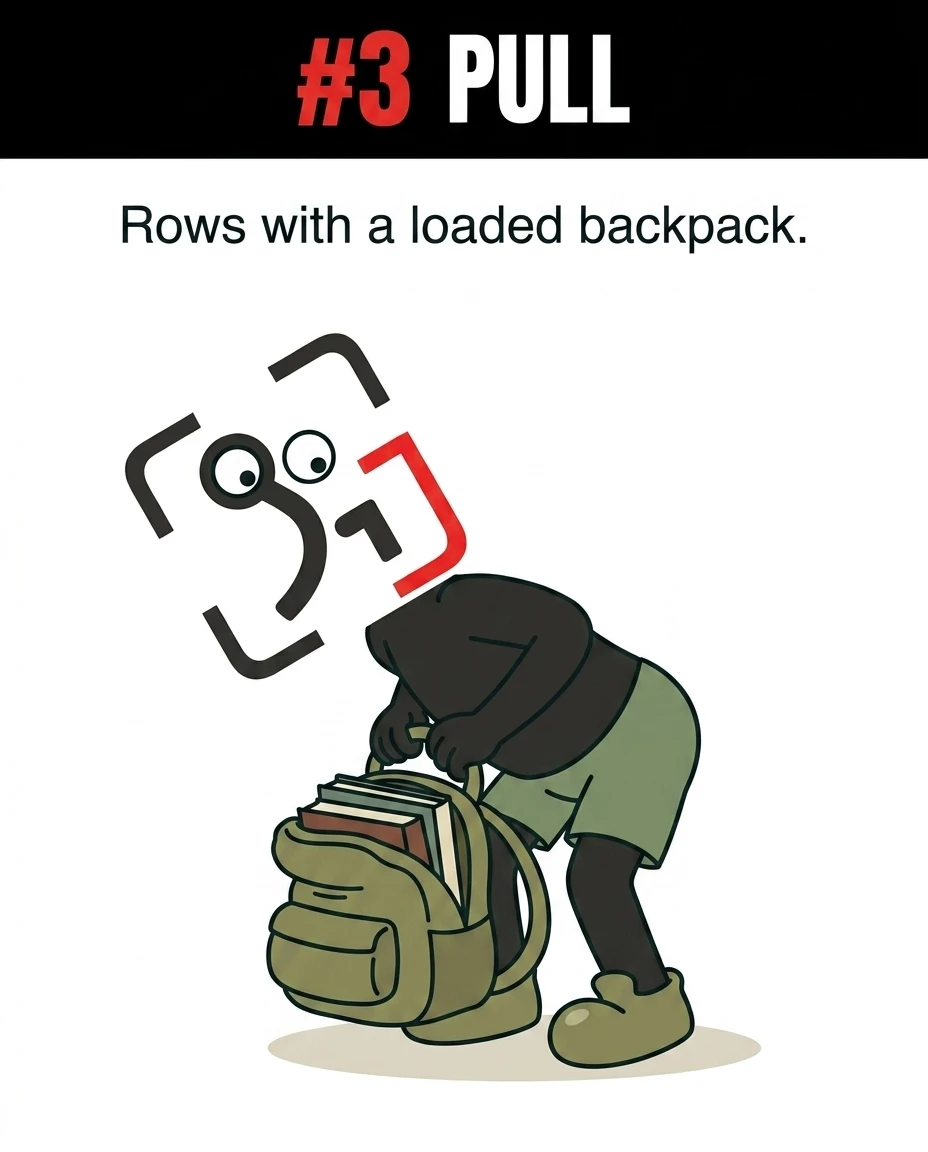 The GainFrame mascot bends over to lift a backpack filled with books, showing how to perform pulling exercises using everyday household items.