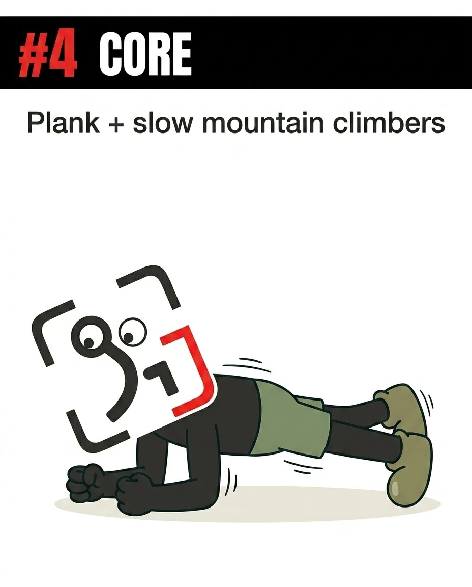 The GainFrame mascot holds a plank position on the floor, illustrating how to strengthen the core with planks and slow mountain climbers.