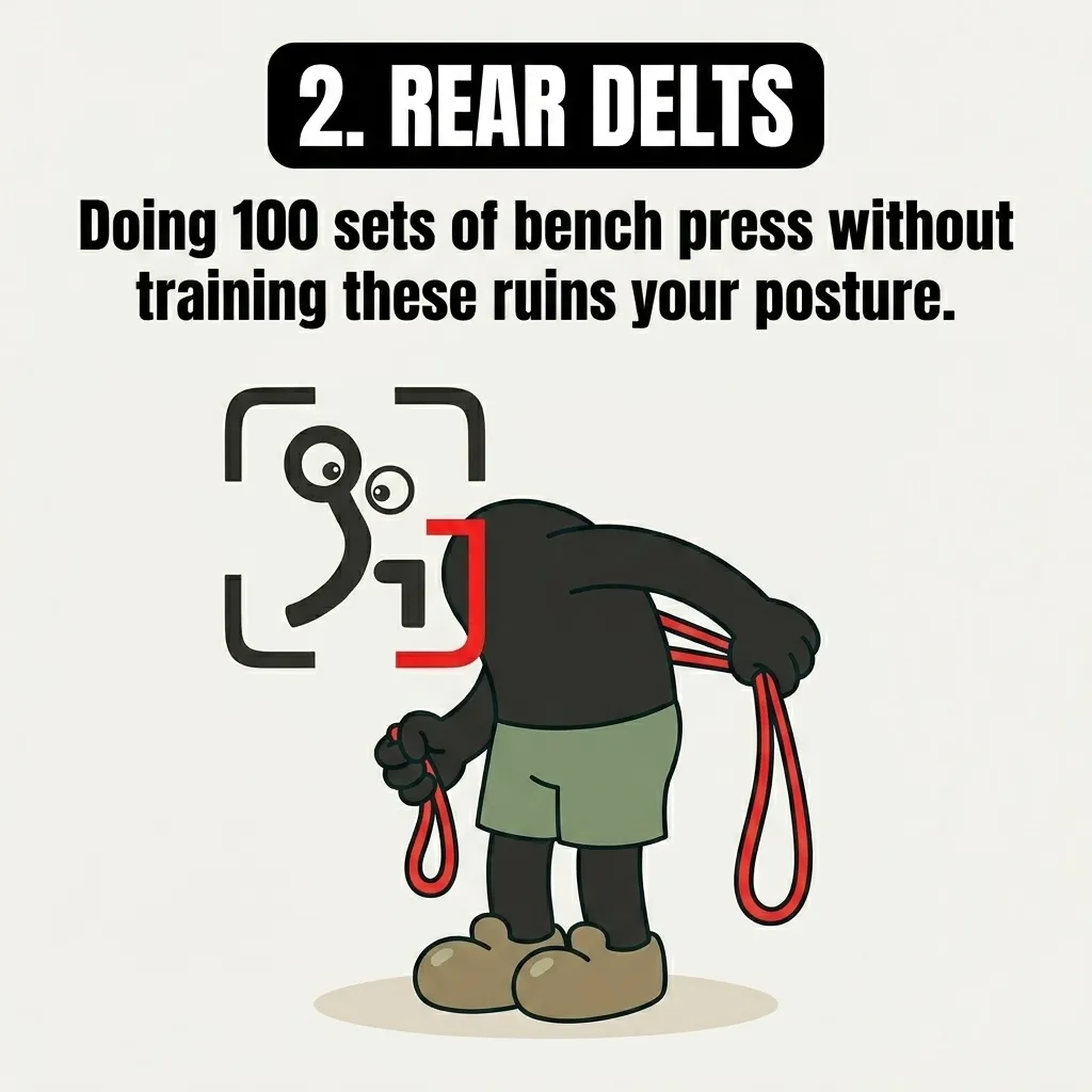 The GainFrame mascot stands with hunched posture while holding a red resistance band, showing that neglecting rear delts leads to poor posture.