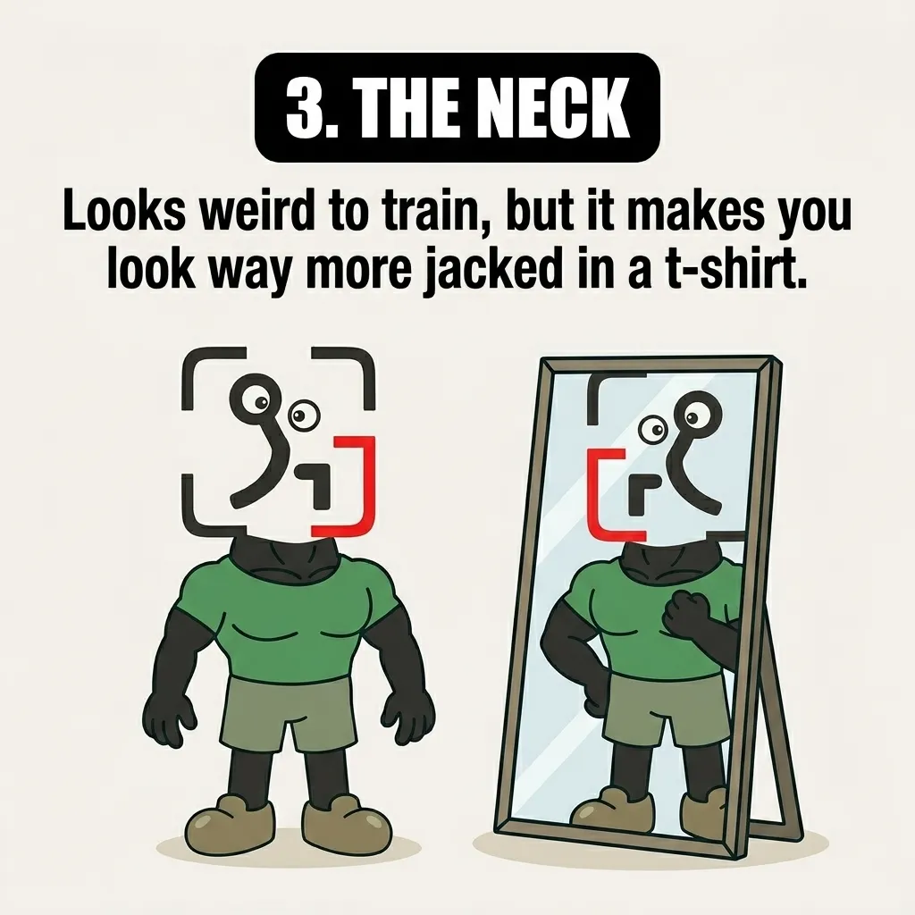 The GainFrame mascot admires his muscular neck in a mirror, highlighting how neck training makes you look more jacked in a t-shirt.