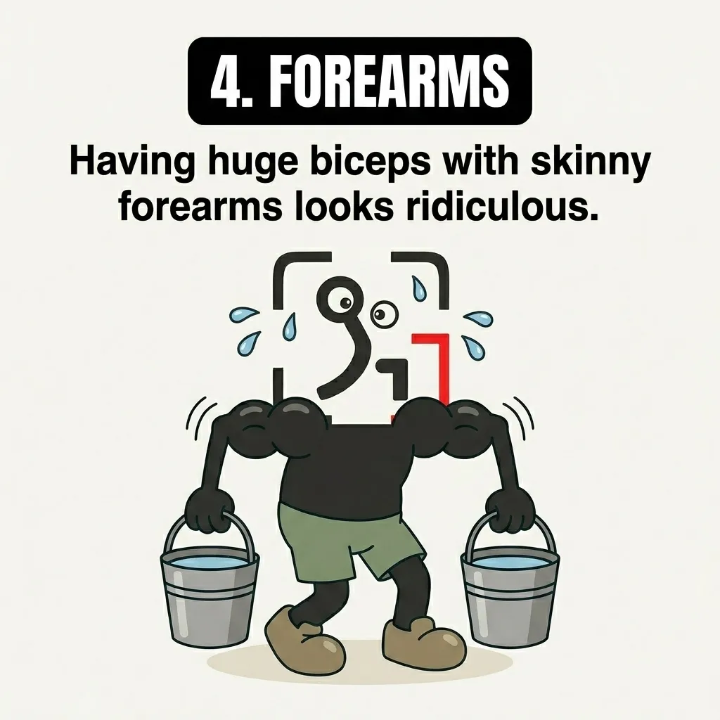 The GainFrame mascot struggles to carry two buckets of water with disproportionately large biceps and skinny forearms, illustrating the importance of forearm training.