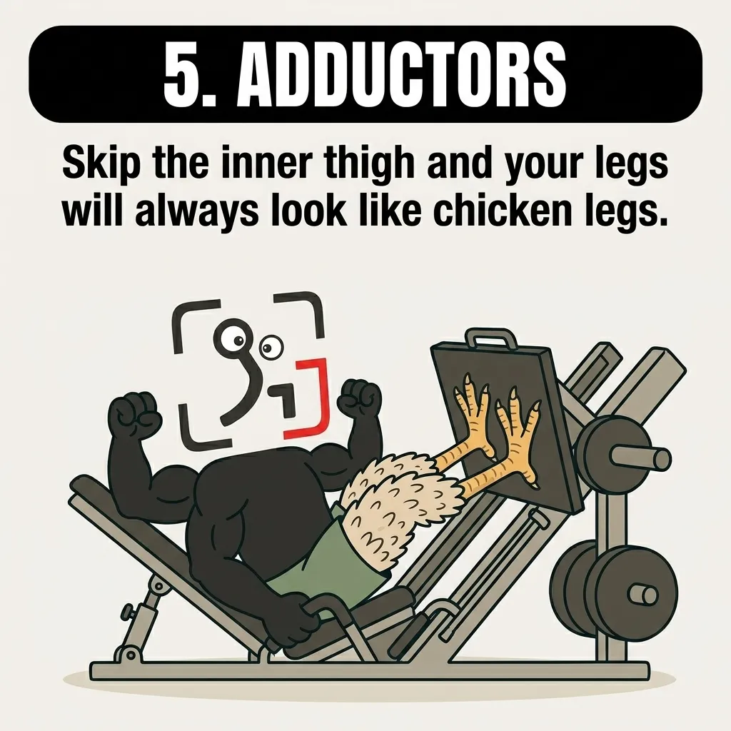 The GainFrame mascot uses a leg press machine with literal chicken legs, warning that skipping inner thigh training results in weak-looking legs.
