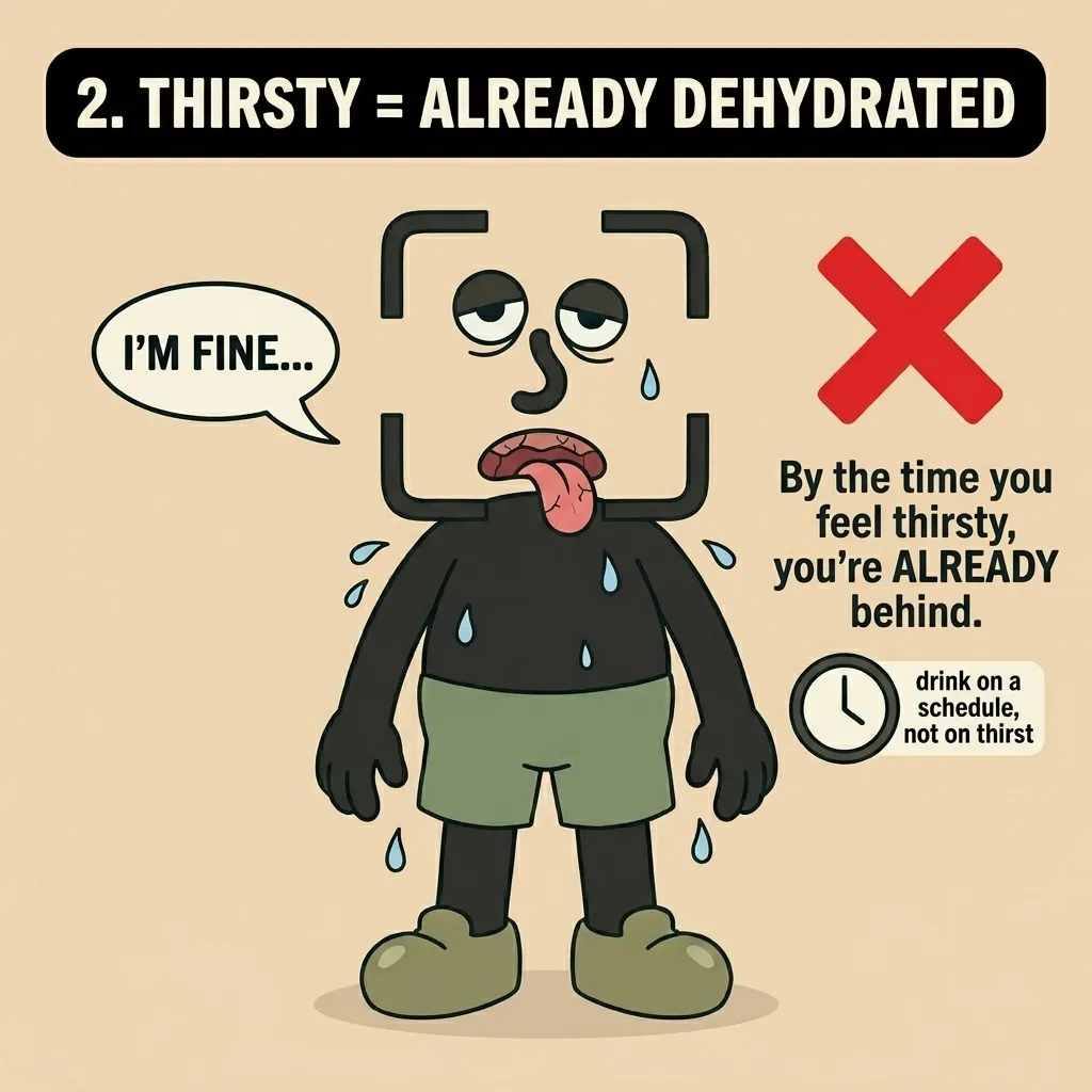 The GainFrame mascot looks exhausted and sweaty with a dry tongue sticking out, emphasizing that feeling thirsty means you are already dehydrated and should drink on a schedule instead.