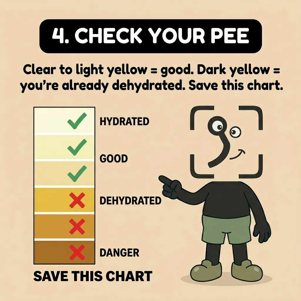 The GainFrame mascot points to a color chart ranging from clear to dark brown to help monitor hydration levels based on urine color.