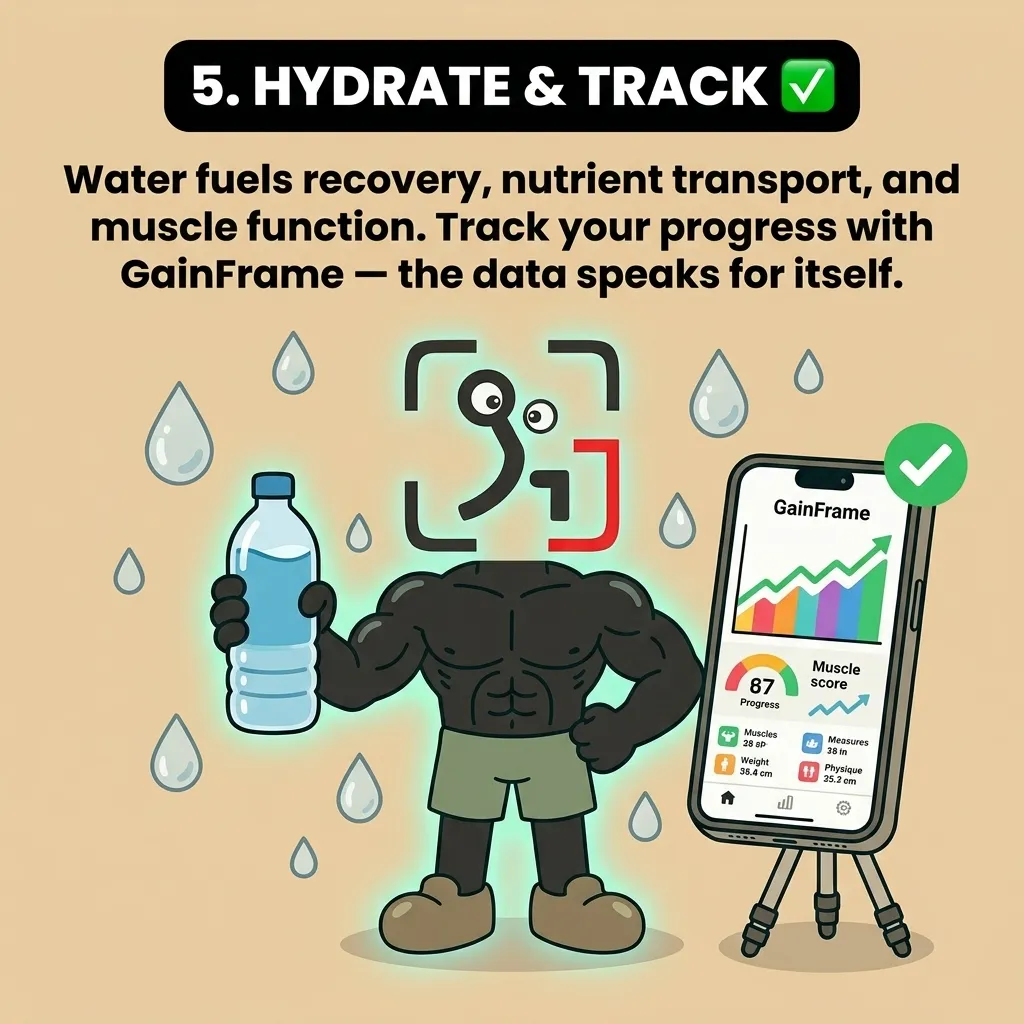 A muscular GainFrame mascot holds a water bottle next to a smartphone displaying fitness tracking data, illustrating how proper hydration supports muscle function and recovery.