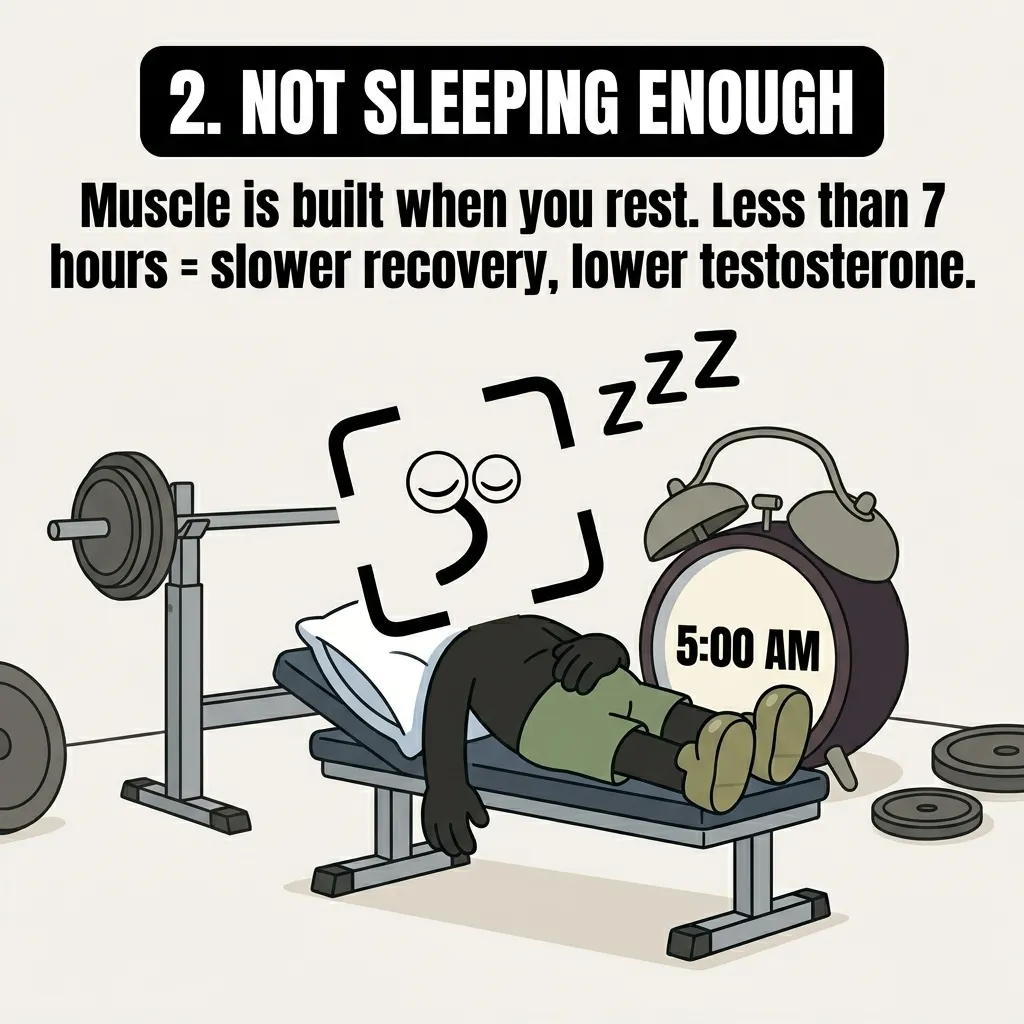 The GainFrame mascot sleeps on a weight bench with a pillow under his head next to a large alarm clock showing 5:00 AM, emphasizing that adequate sleep is crucial for muscle recovery and growth.