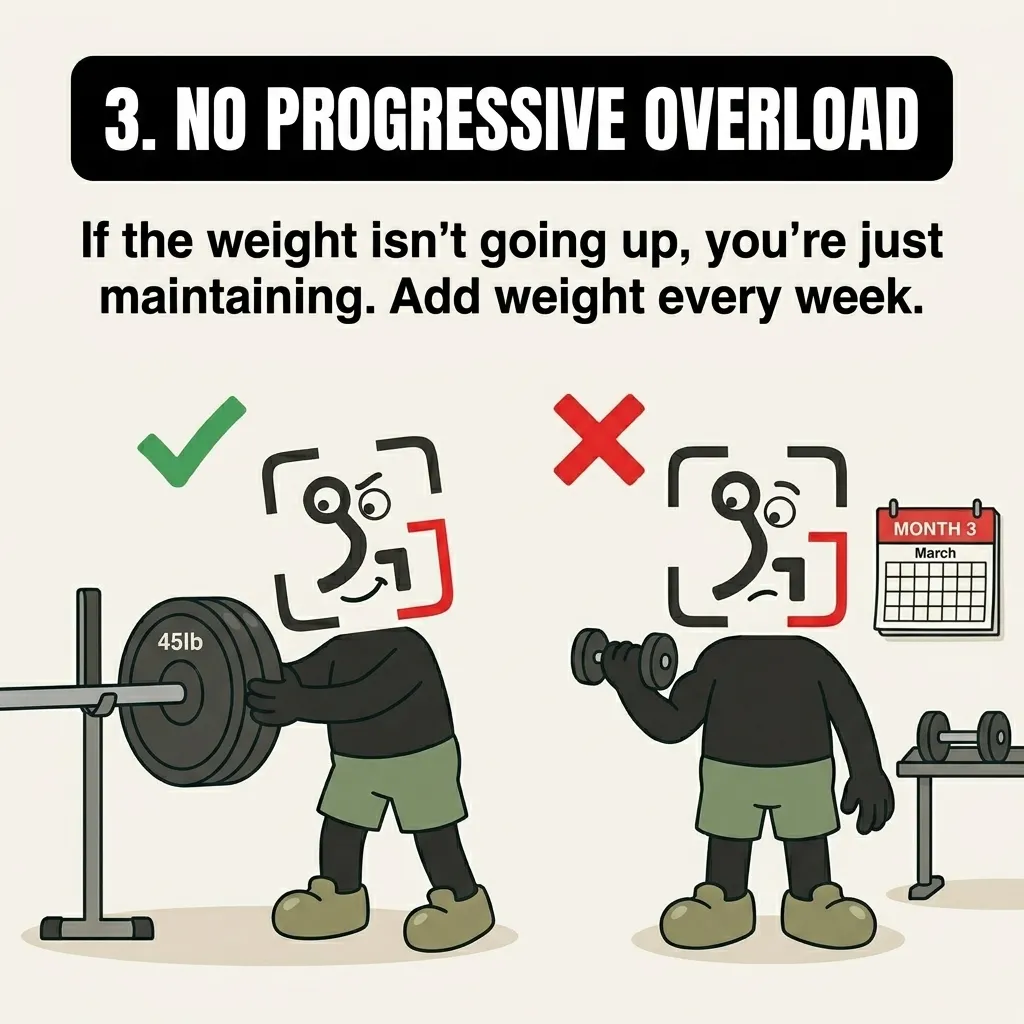 The GainFrame mascot is shown in two scenarios: on the left, marked with a green checkmark, he adds a 45lb plate to a barbell, while on the right, marked with a red X, he lifts the same light dumbbell after three months, demonstrating the need for progressive overload.