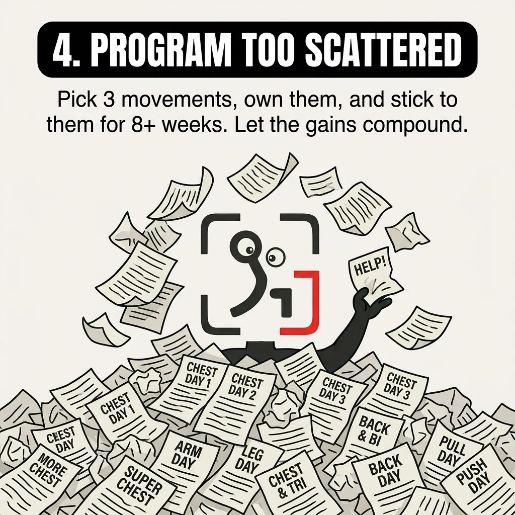 The GainFrame mascot is buried under a chaotic pile of workout routine papers with titles like 'Chest Day' and 'Arm Day' while holding up a paper saying 'HELP!', illustrating how a scattered program hinders progress.
