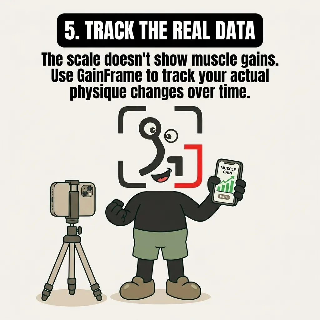 The GainFrame mascot smiles while holding up a smartphone displaying a muscle gain progress chart next to a camera on a tripod, showing how tracking visual physique changes is more effective than relying solely on a scale.