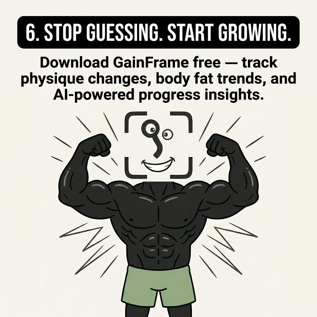 A muscular, buff version of the GainFrame mascot proudly flexes his massive arms and chest, representing the ultimate goal of consistent tracking and proper training.