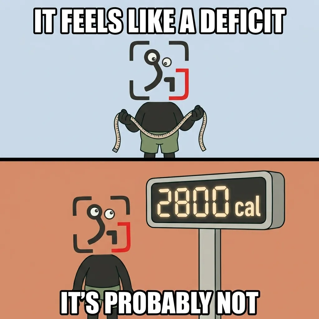 The mascot measures its waist with a tape measure in the top panel, while the bottom panel reveals a digital display showing a high intake of 2800 calories.