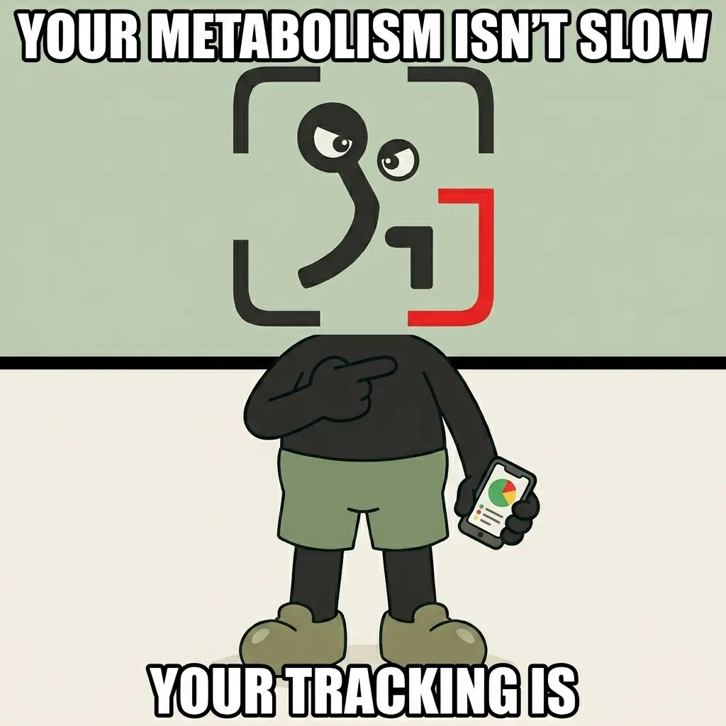 The mascot points to a smartphone displaying a calorie tracking app, emphasizing that inaccurate tracking is often the real issue rather than a slow metabolism.