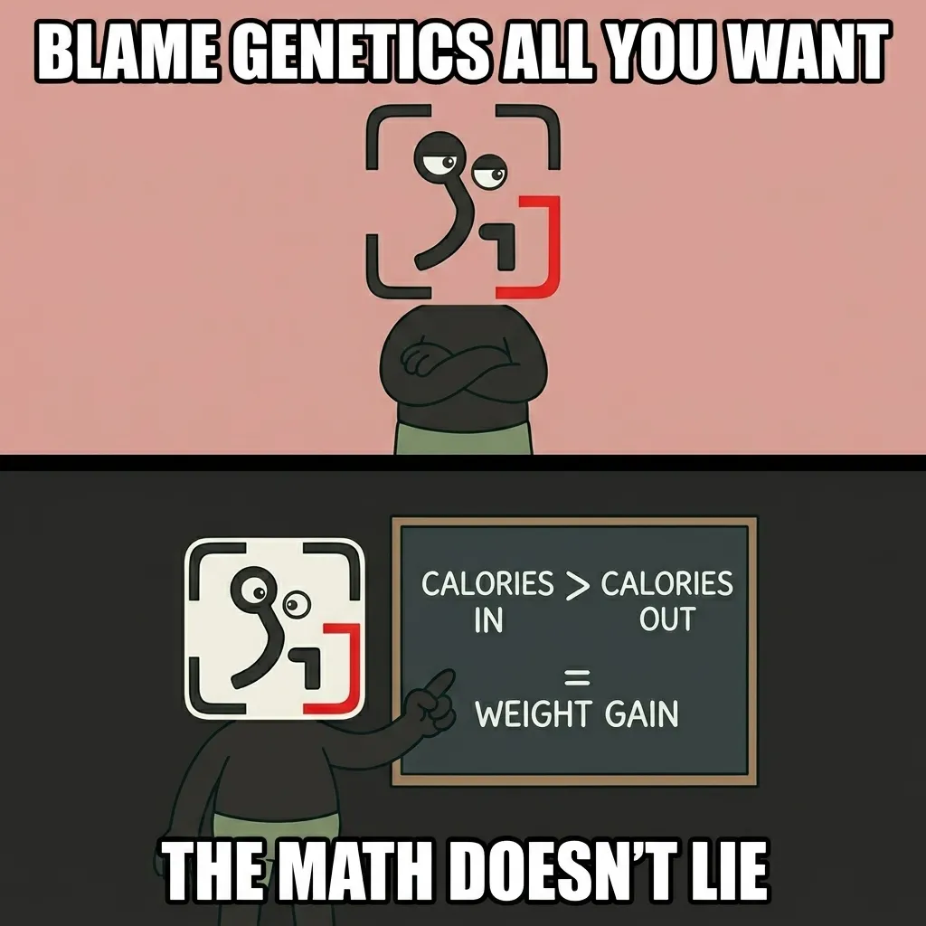 The mascot stands with crossed arms in the top panel, then points to a blackboard in the bottom panel showing the basic thermodynamic equation of weight gain.