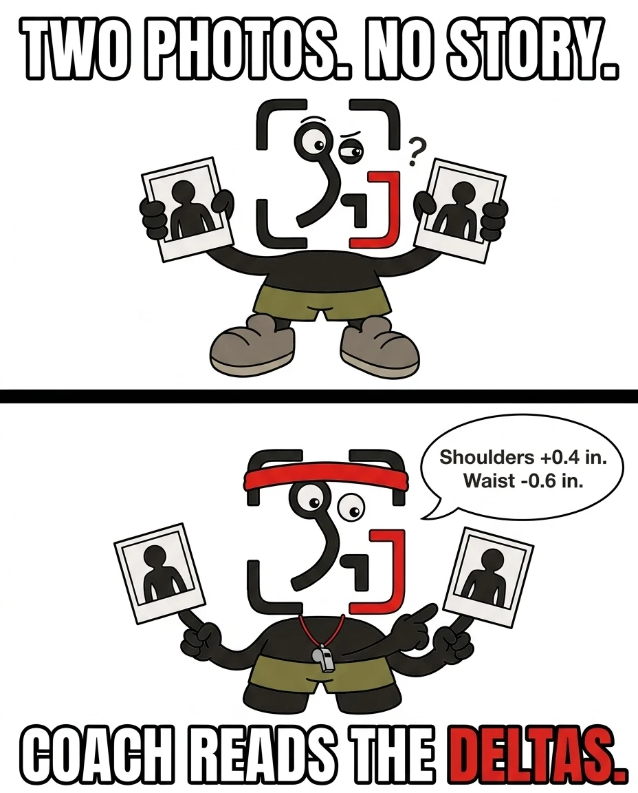 While two progress photos might look identical to the user, the GainFrame coach mascot analyzes the precise physical changes, such as increased shoulder width and a smaller waist.