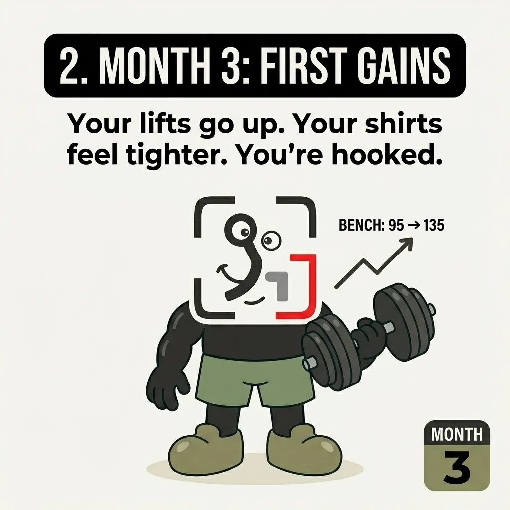 The GainFrame mascot happily curls a dumbbell with a rising chart showing bench press progress, illustrating that the first visible gains and strength increases occur around month three.