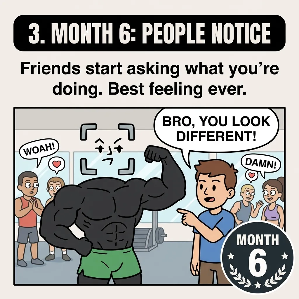 The muscular GainFrame mascot flexes in the gym while onlookers express amazement, showing that by month six, others will start to notice your physical transformation.