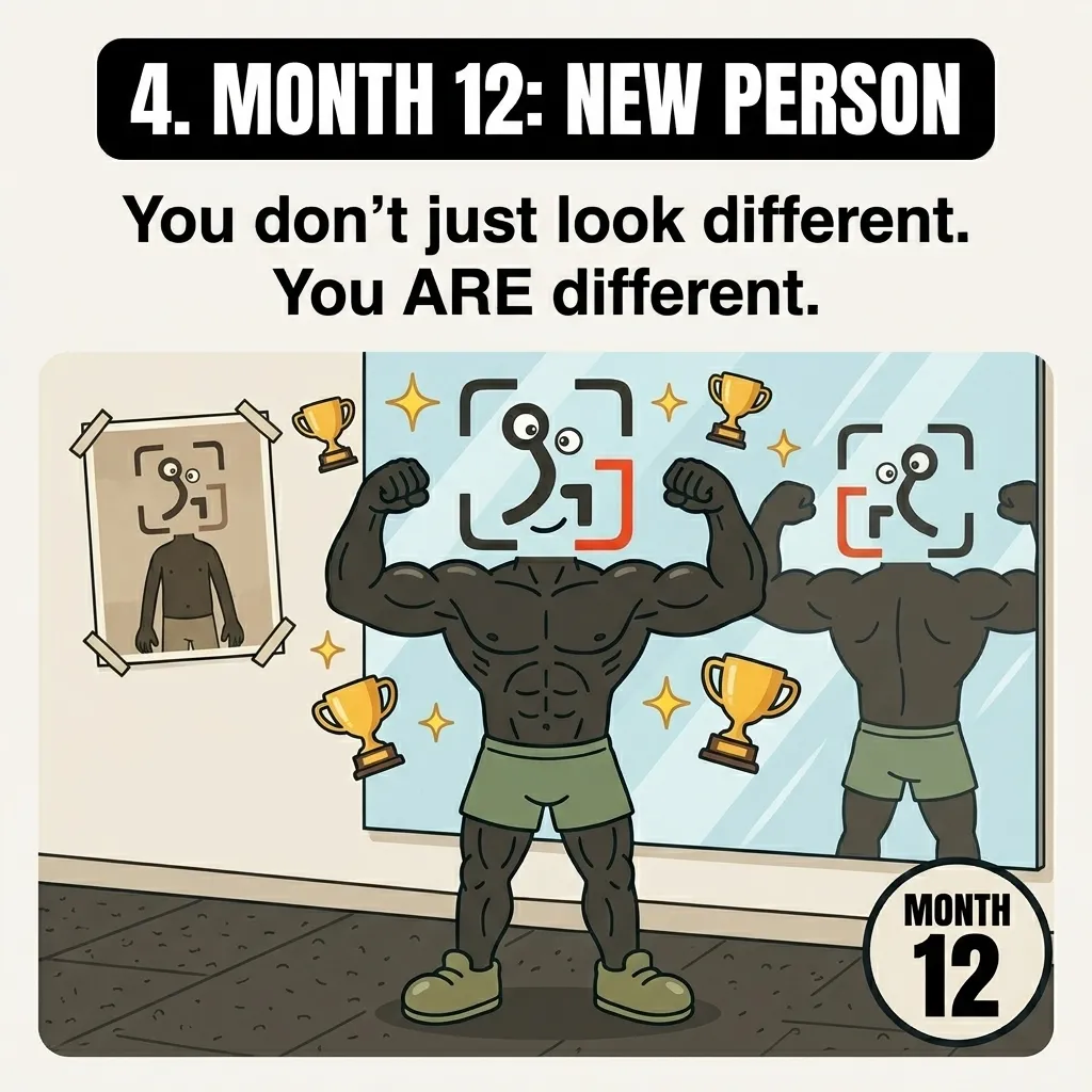 The highly muscular GainFrame mascot flexes in front of a mirror surrounded by trophies, with a photo of their former skinny self on the wall, representing the complete physical and mental transformation after one year.