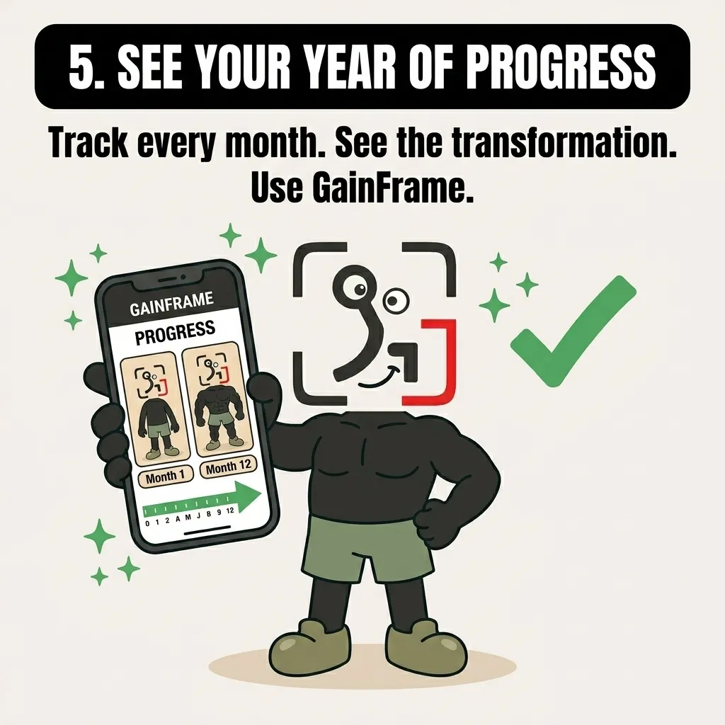 The GainFrame mascot holds up a smartphone displaying a progress tracking app with before-and-after photos, encouraging users to track their own fitness journey.
