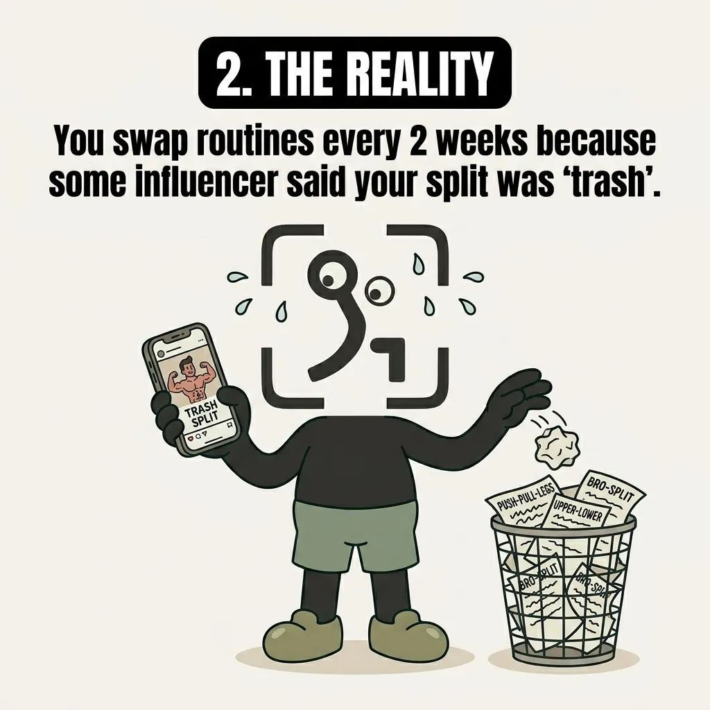 The sweating GainFrame mascot holds a phone showing an influencer calling their workout trash, while throwing various workout routine papers into a trash can, highlighting the lack of consistency caused by social media.