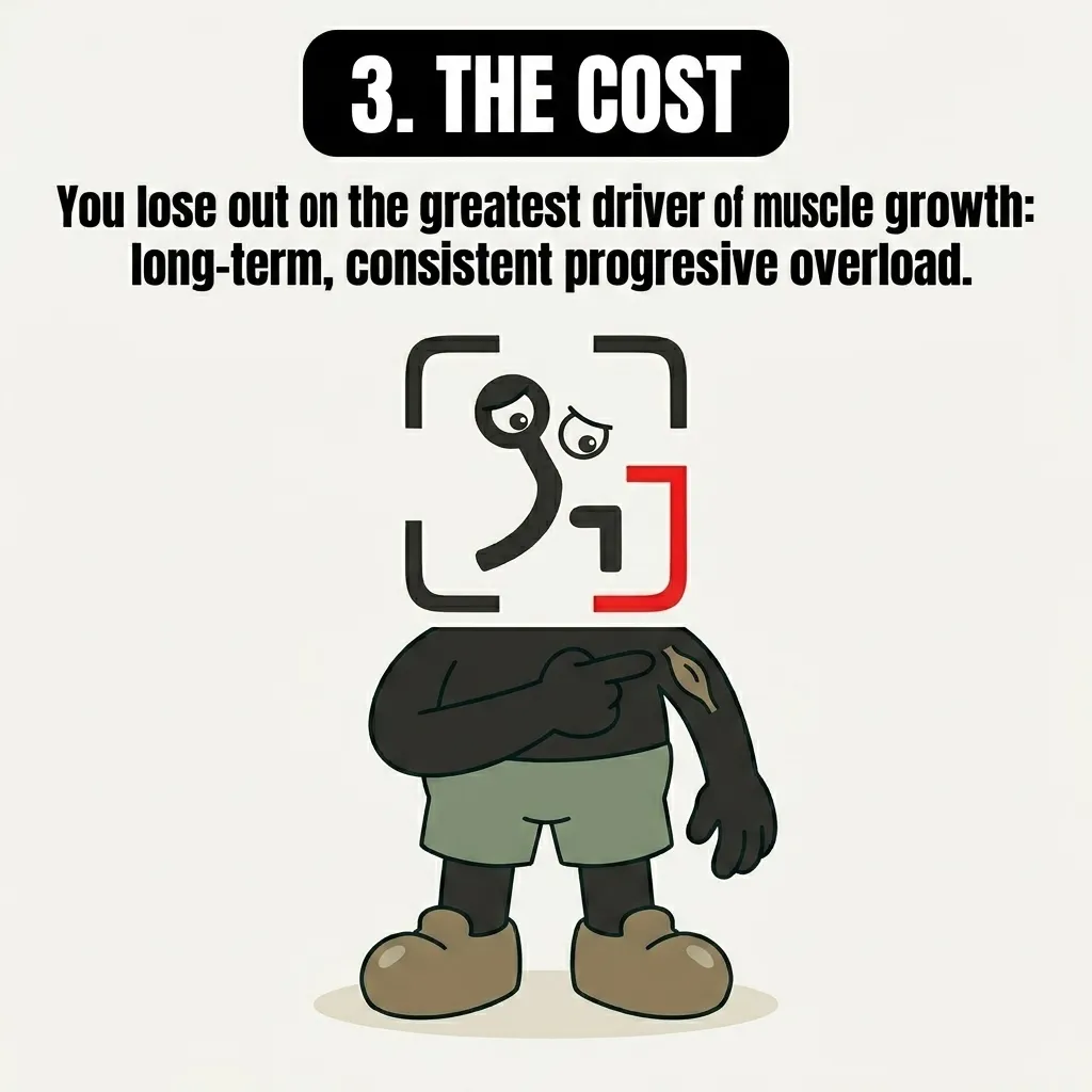 The sad GainFrame mascot points to a tiny, underdeveloped muscle on its arm, representing the lost muscle growth from constantly switching routines instead of sticking to progressive overload.