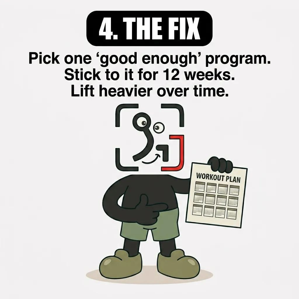 The smiling GainFrame mascot holds up a 12-week workout plan calendar, showing that the key to progress is sticking to one program and lifting heavier over time.