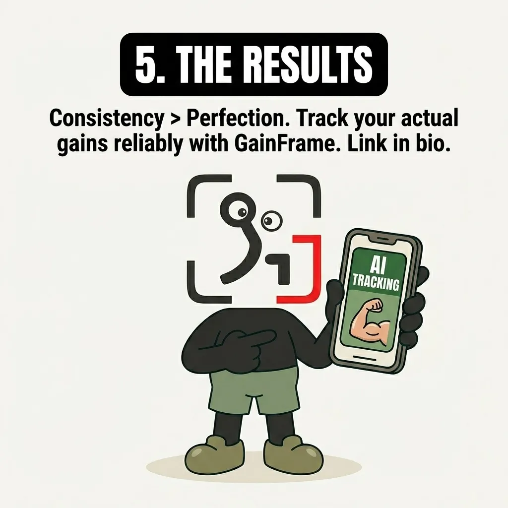 The GainFrame mascot proudly holds up a smartphone displaying an AI tracking app with a bicep icon, emphasizing that consistency is more important than perfection for tracking real gains.