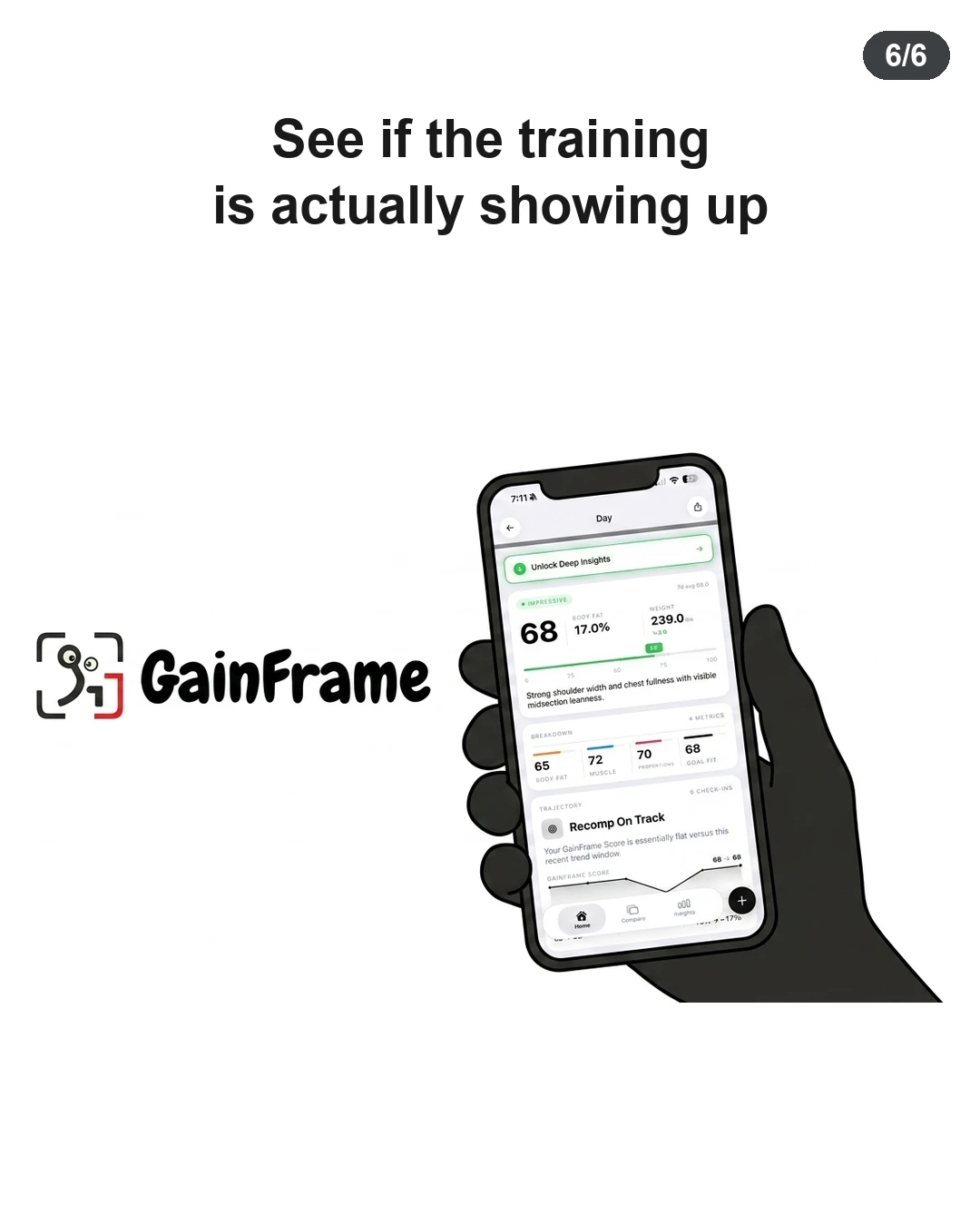 A hand holds a smartphone showing body composition metrics on the GainFrame app next to the brand logo, encouraging progress tracking.