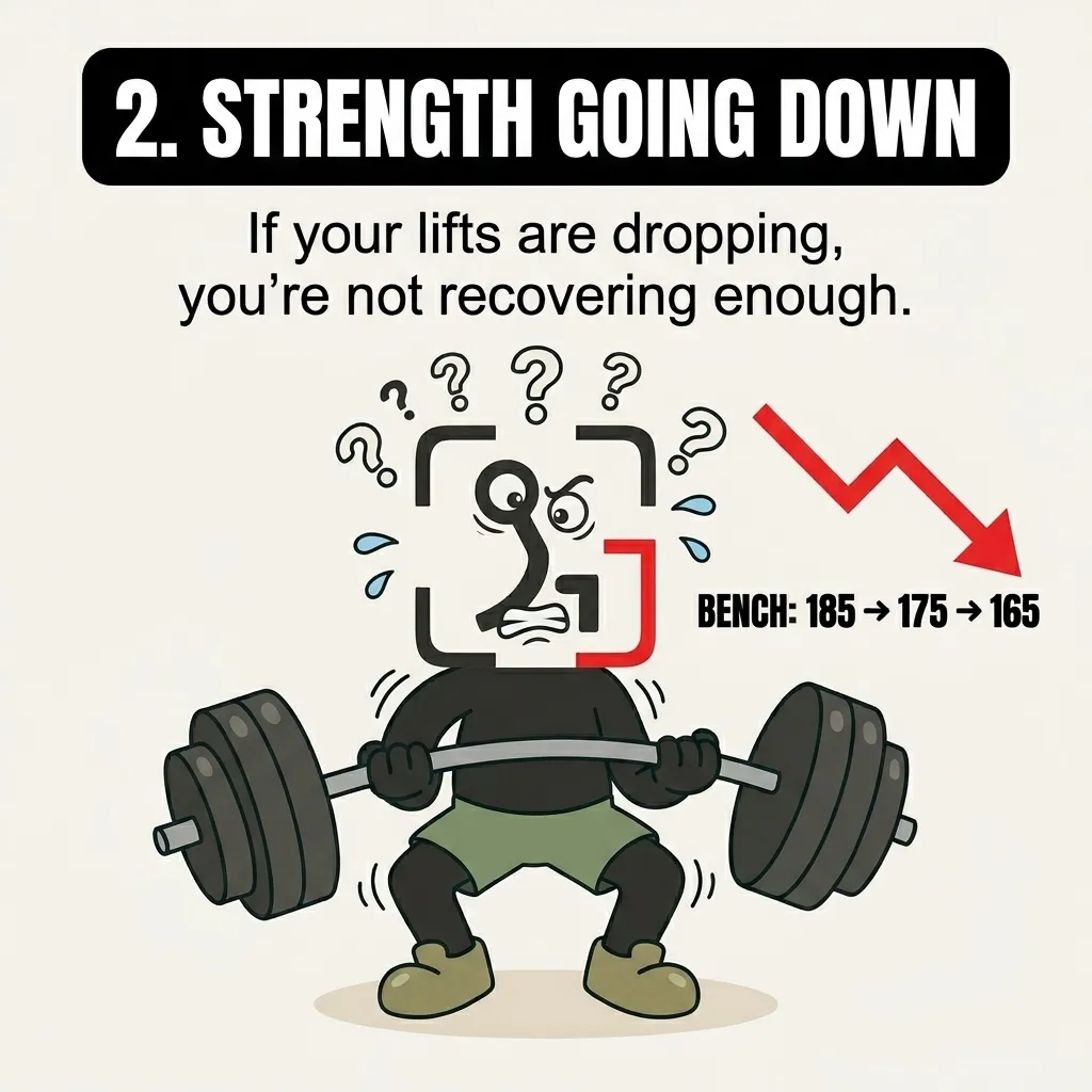 The GainFrame mascot struggles and sweats while lifting a bent barbell under a downward-trending red arrow, showing that a drop in strength is a key sign of overtraining.