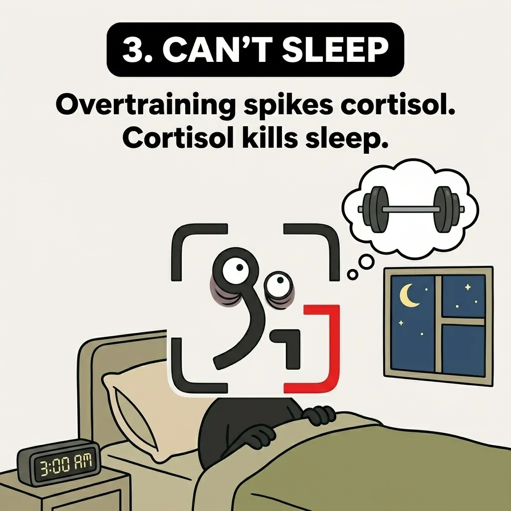 The GainFrame mascot lies wide awake in bed at 3:00 AM thinking about a barbell, demonstrating how elevated cortisol levels from overtraining disrupt sleep.
