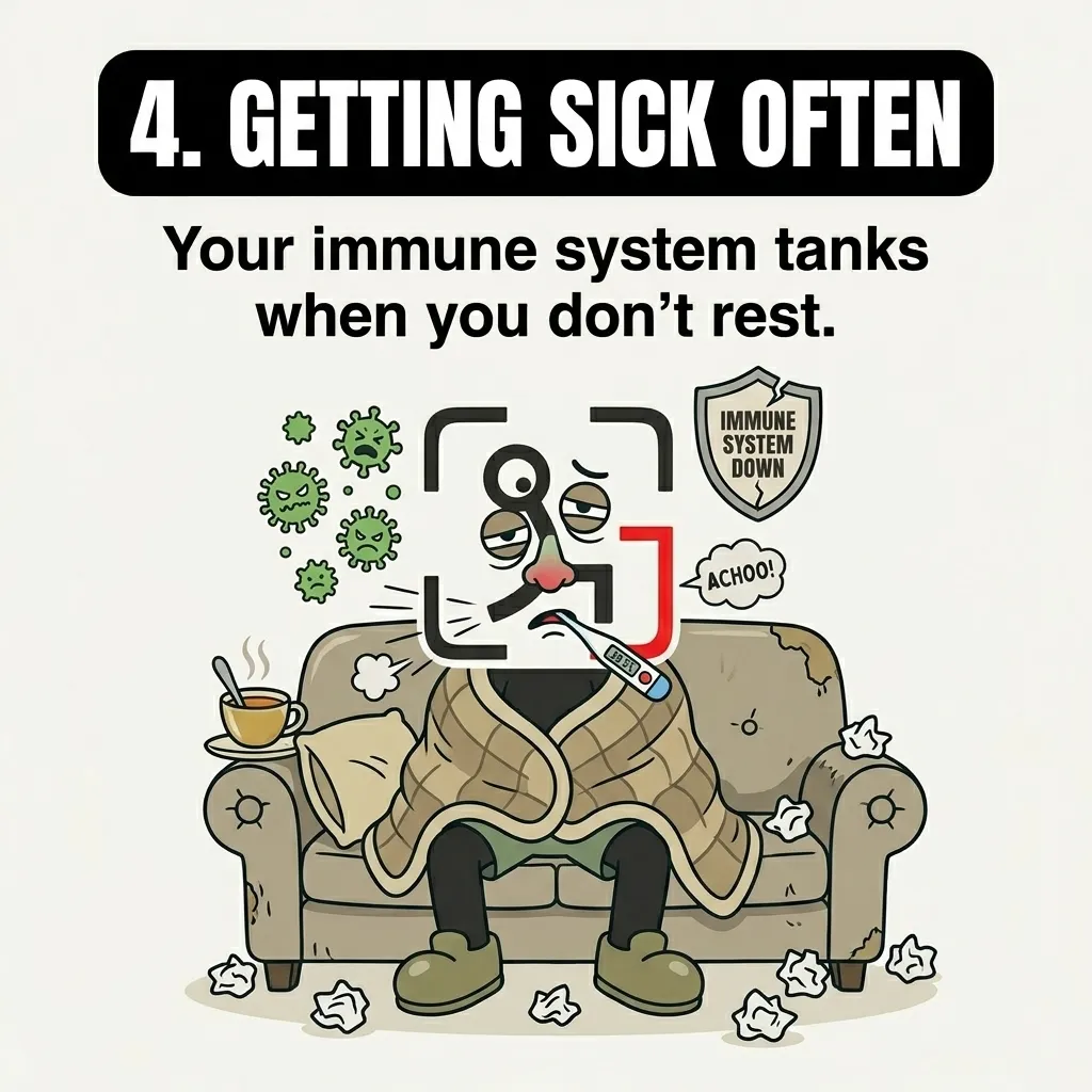 The GainFrame mascot sits shivering on a couch wrapped in a blanket with a thermometer in its mouth, surrounded by germs and tissues, illustrating how overtraining weakens the immune system.