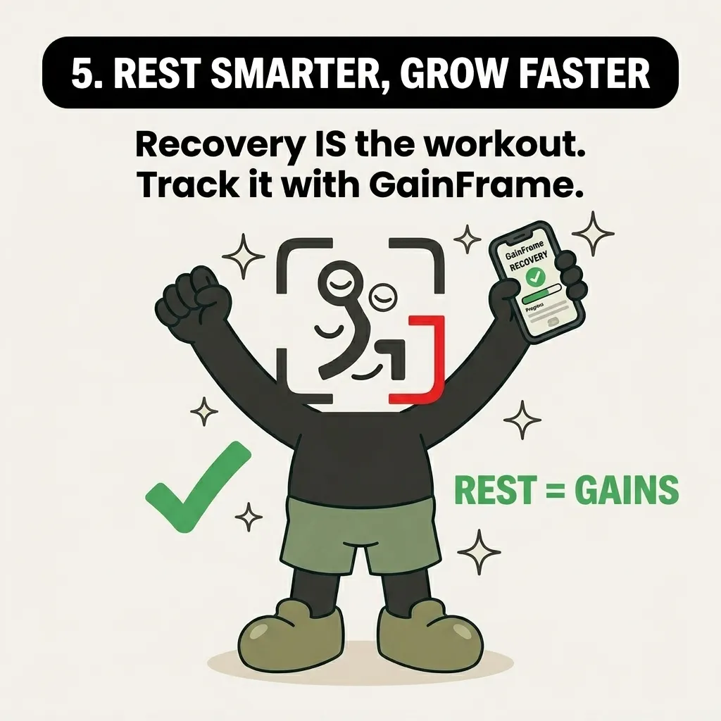 The GainFrame mascot stands happily with raised arms holding a smartphone displaying a recovery app, emphasizing that proper rest is essential for muscle growth and progress.