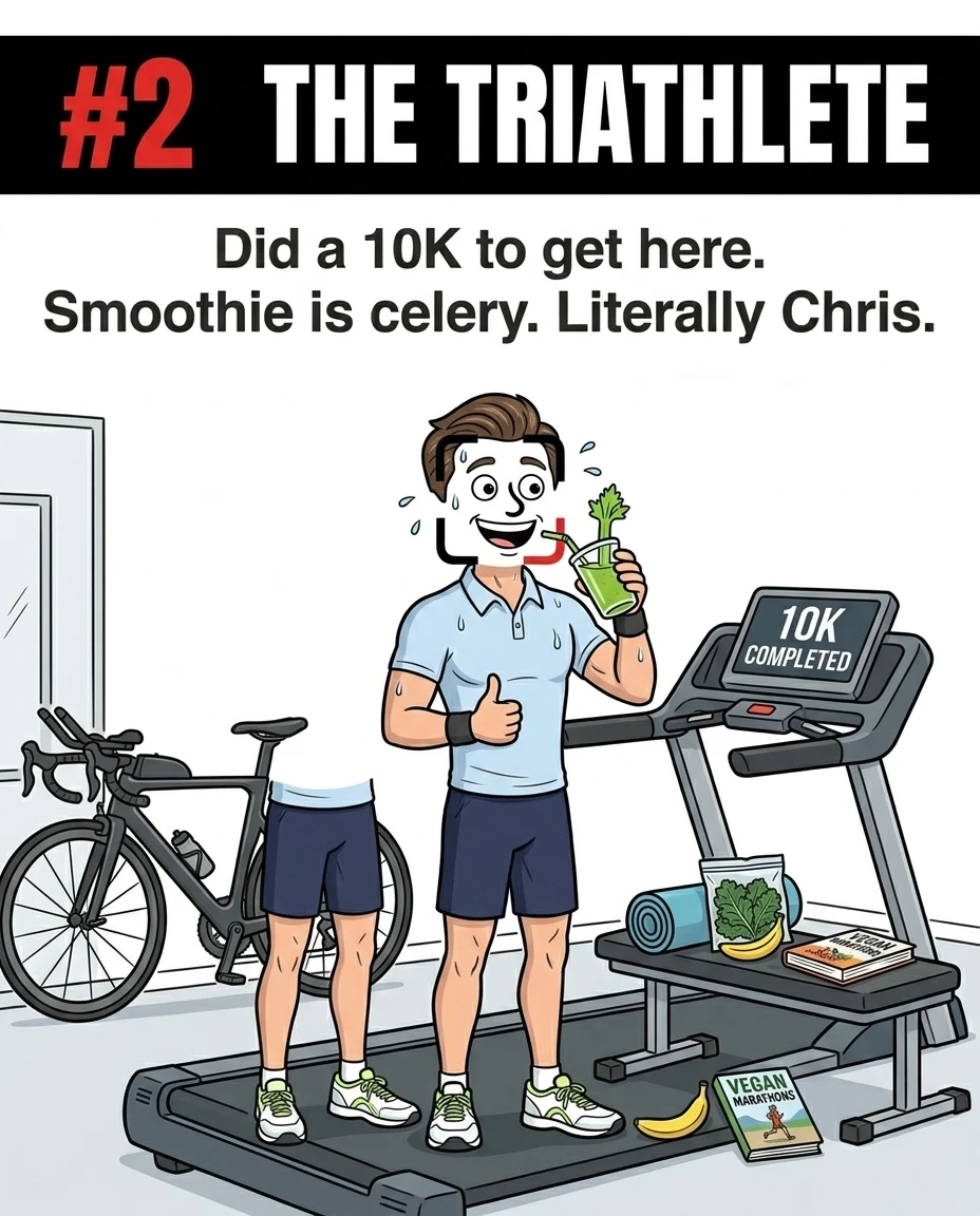 The GainFrame mascot, styled as Chris Traeger, stands sweating on a treadmill holding a green celery smoothie next to a bicycle, representing the high-energy triathlete.