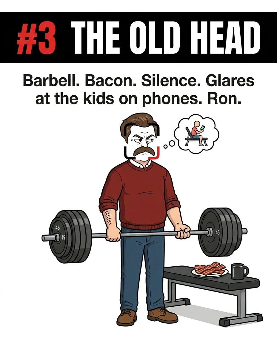 The GainFrame mascot, styled as Ron Swanson, glares while holding a heavy barbell next to a bench with a plate of bacon and a coffee mug, representing the no-nonsense traditional lifter.