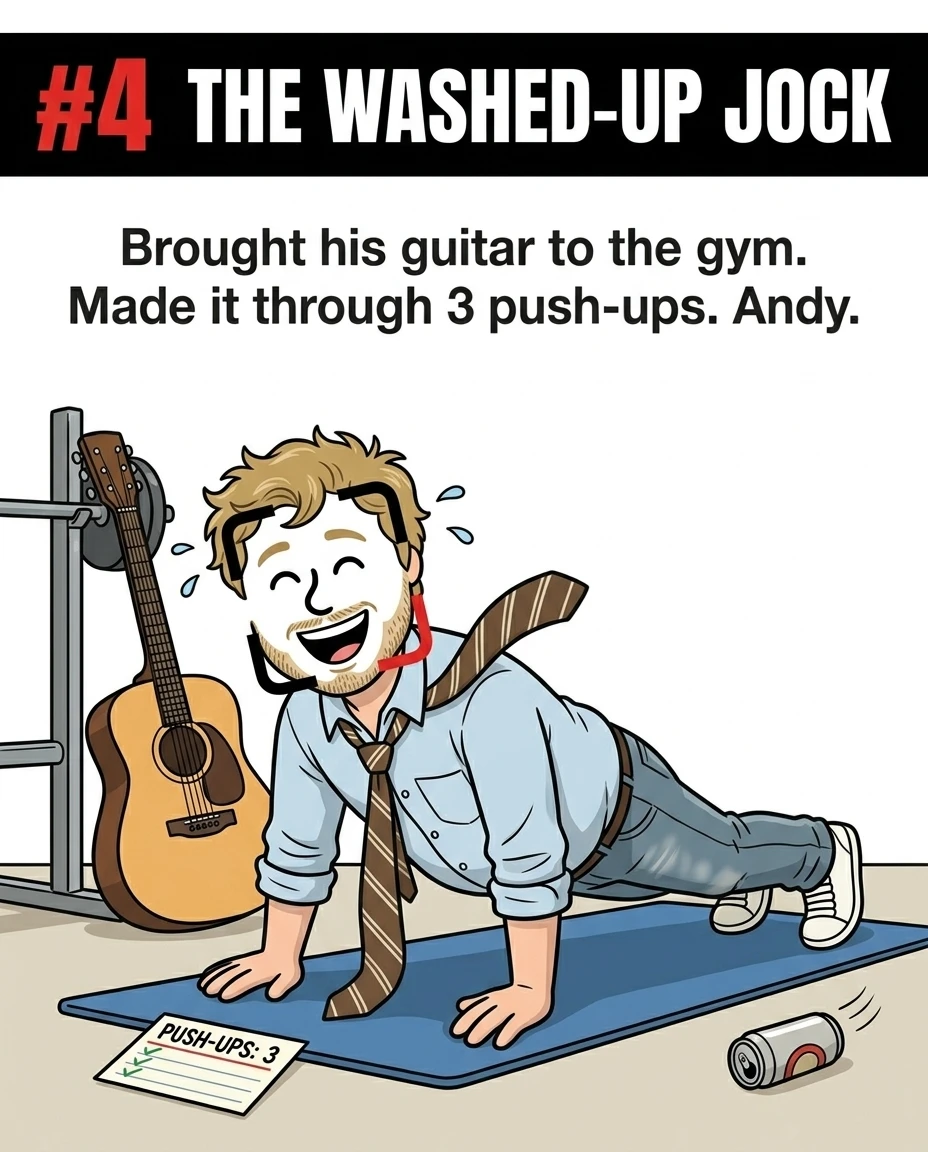 The GainFrame mascot, styled as Andy Dwyer in a business shirt and tie, struggles to do push-ups on a blue mat next to an acoustic guitar, illustrating the enthusiastic but easily exhausted gym-goer.
